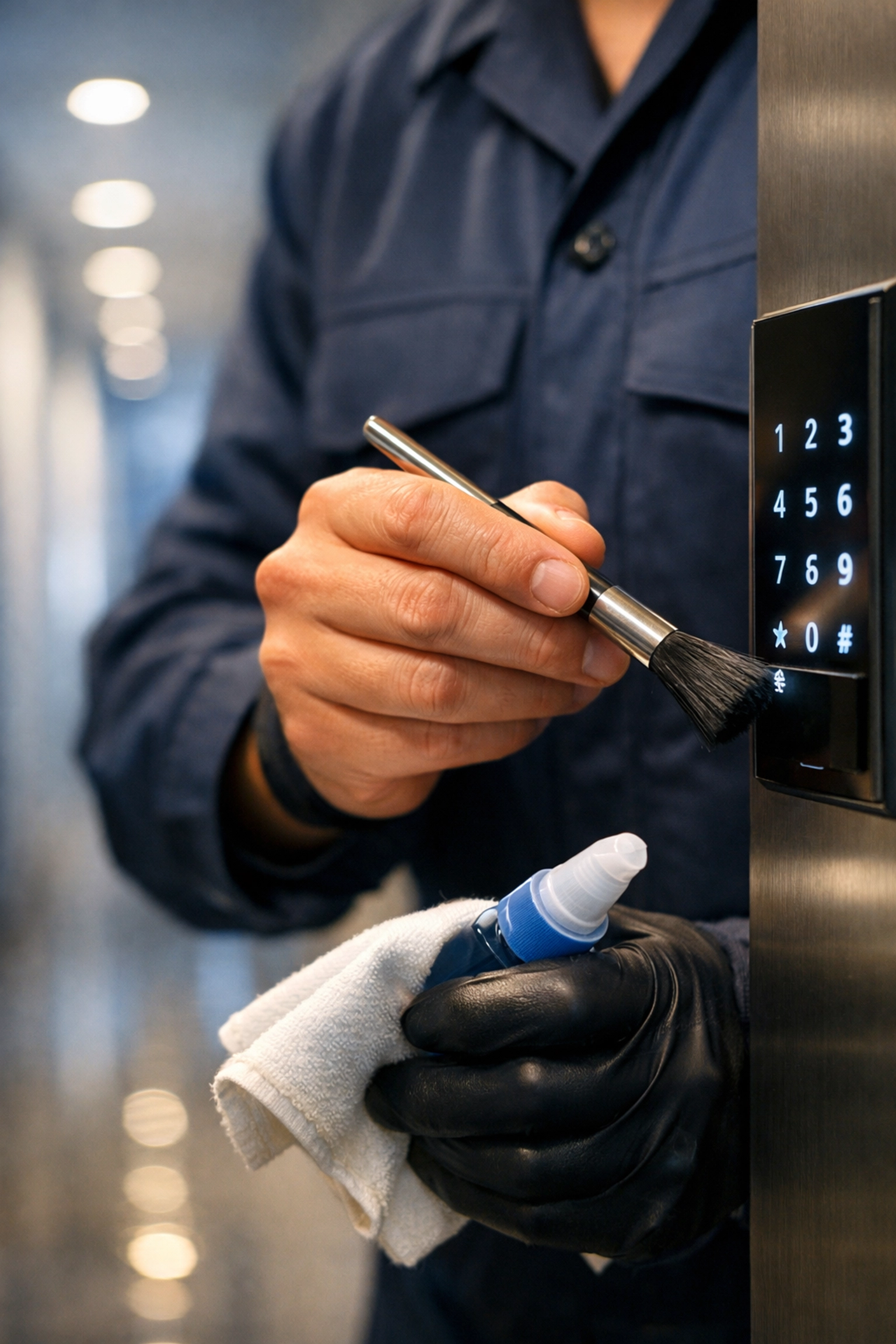 A professional cleaner disinfecting a high-touch office keypad with ninja-like precision.