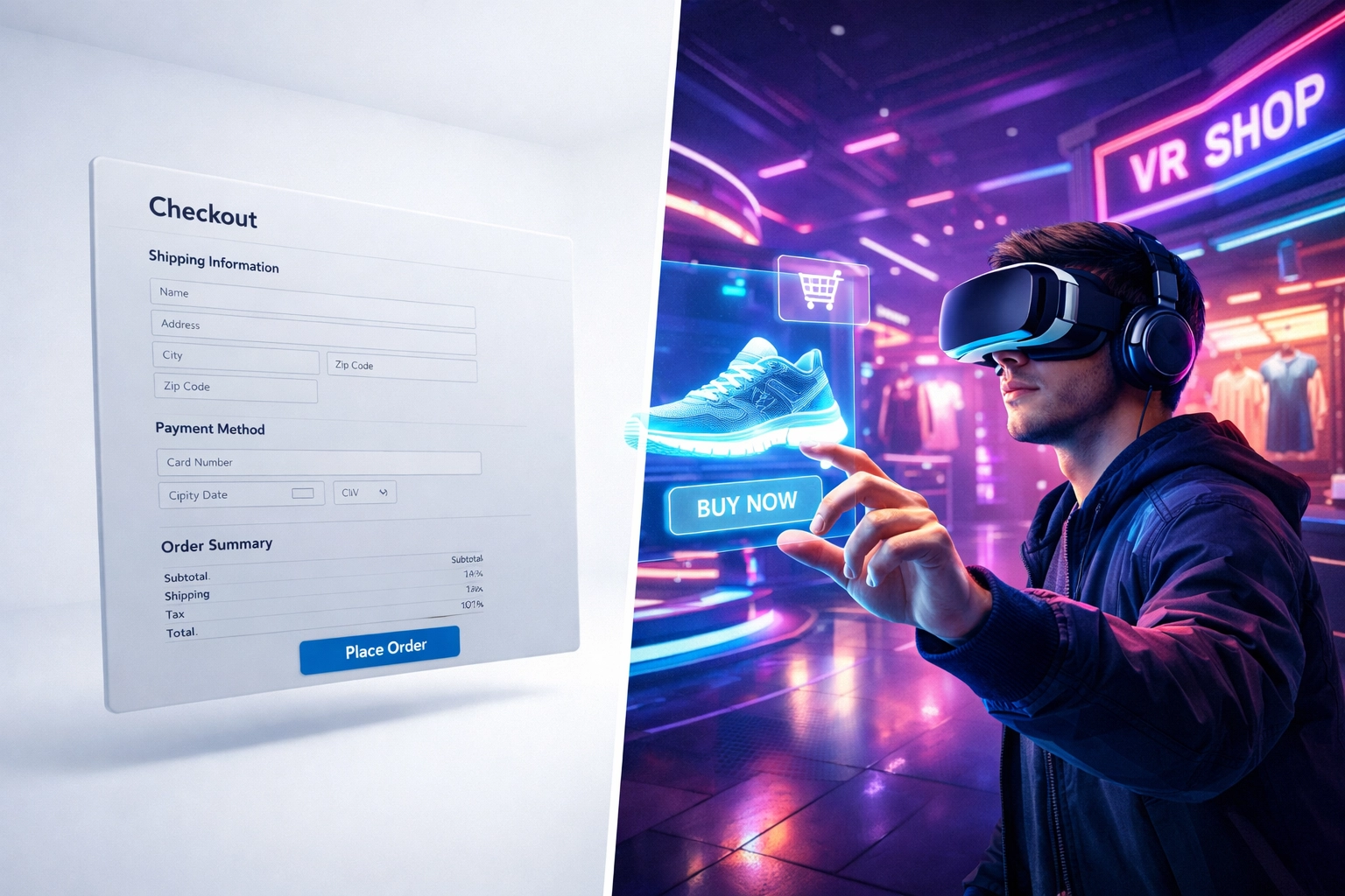 Traditional website checkout evolving into immersive VR shopping environment with metaverse storefronts