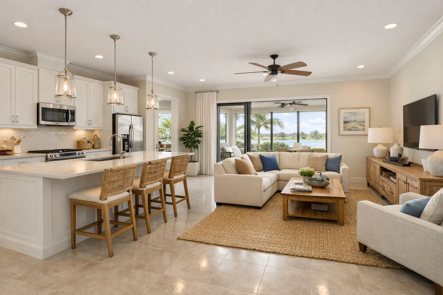 Open-concept home interior with neutral floor tiles and fresh interior painting in Orlando.