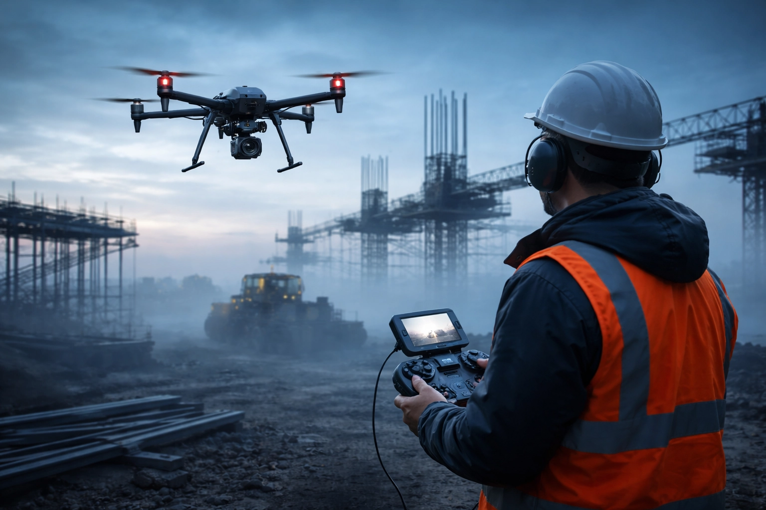 A certified drone pilot operates a commercial drone on a construction site, highlighting professional drone jobs in Canada.
