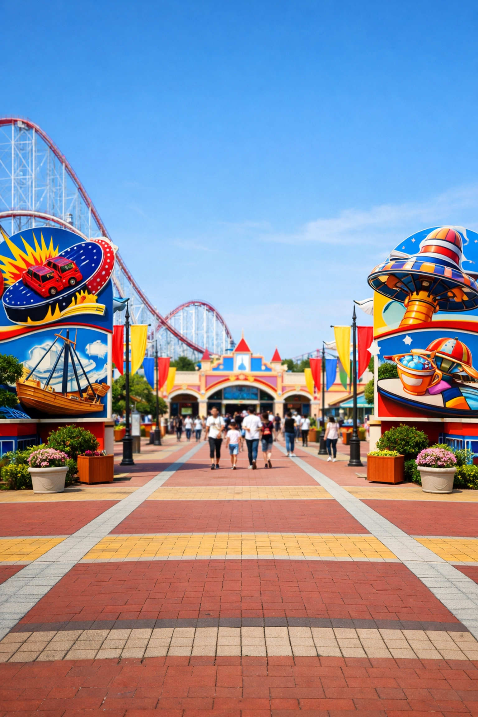 Colorful flags and architecture at the Nagashima Spa Land entrance, one of the best photo spots.