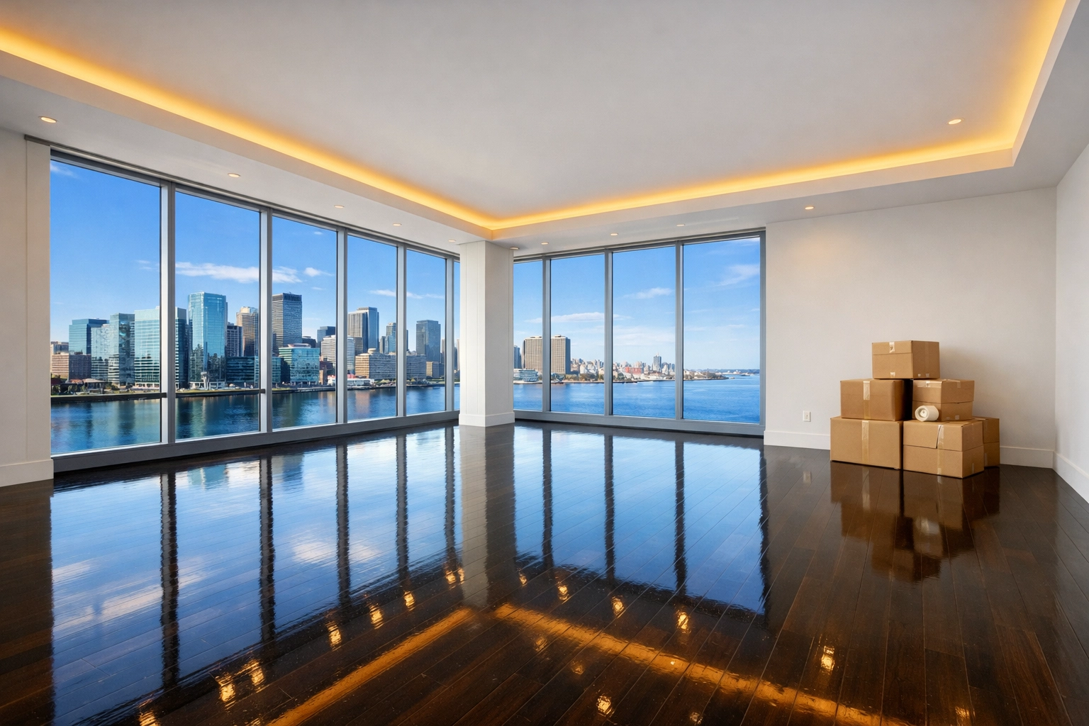 Immaculate polished hardwood floors in an empty Boston apartment ready for a security deposit inspection.