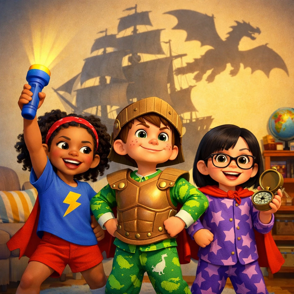 Children in hero poses with epic shadows, showing how adventure books for kids spark learning.