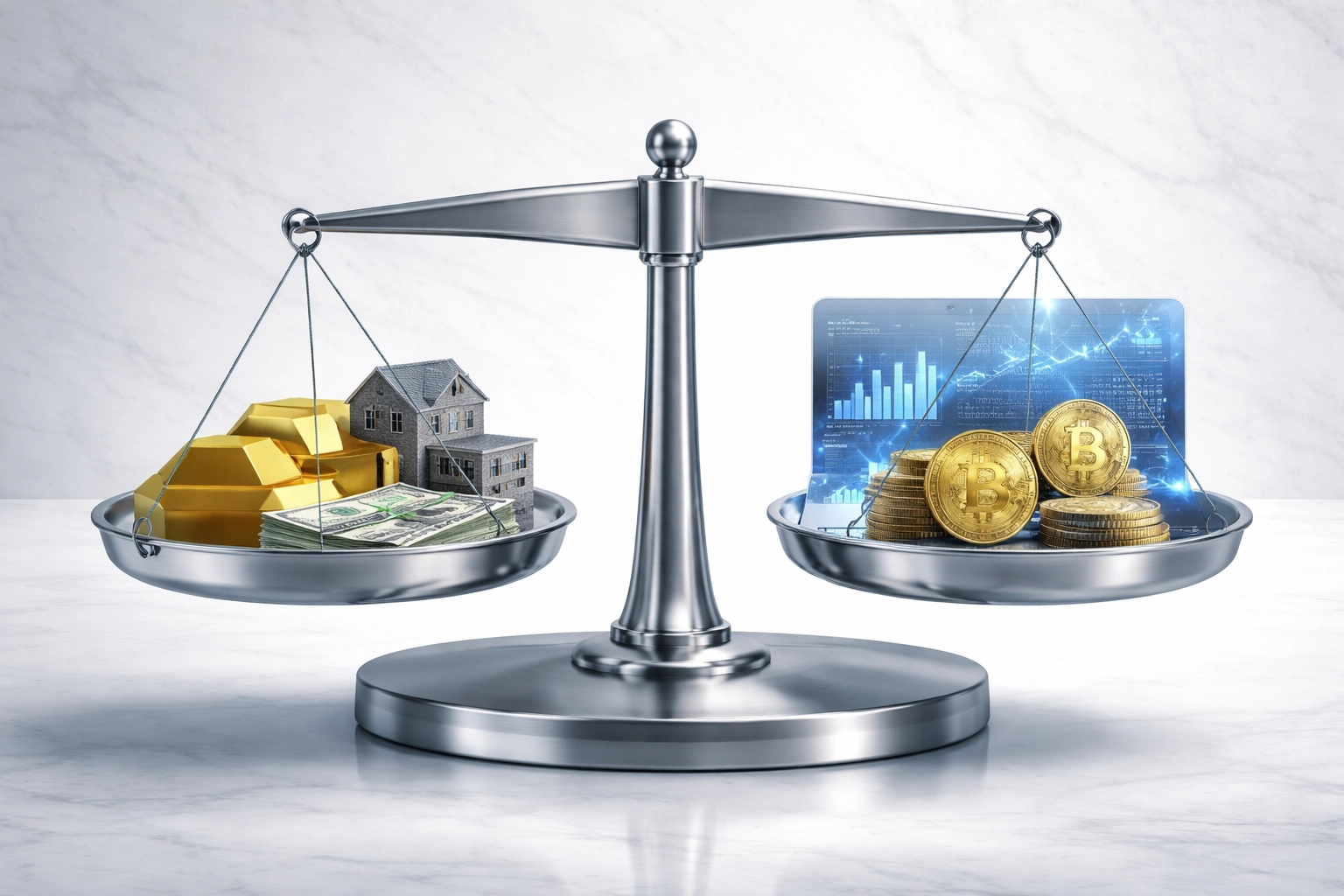 Balanced scale comparing traditional and digital assets for optimized hedge fund portfolio allocation