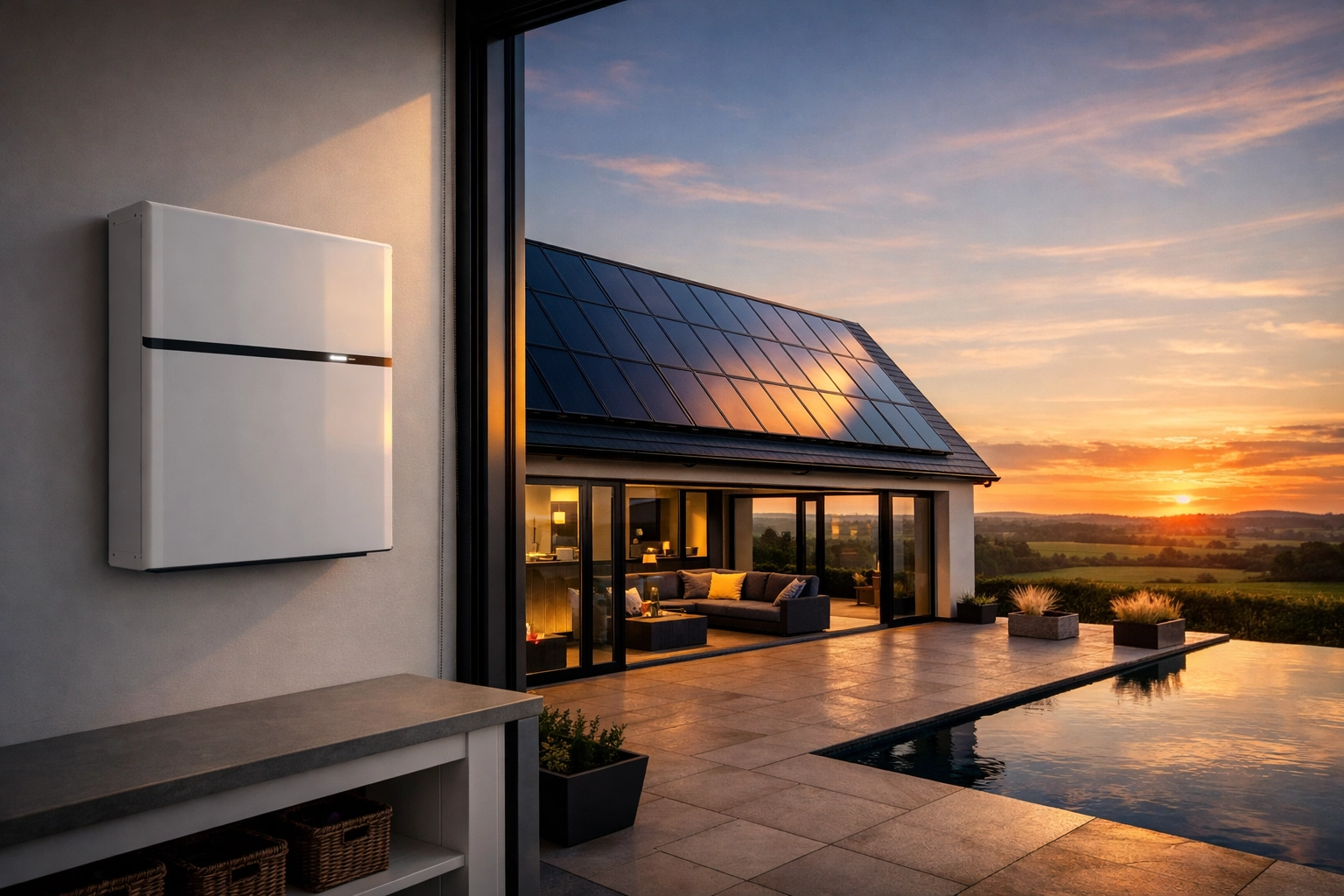 Modern home with solar panels and a smart home battery storage system for energy independence in Northern Ireland.