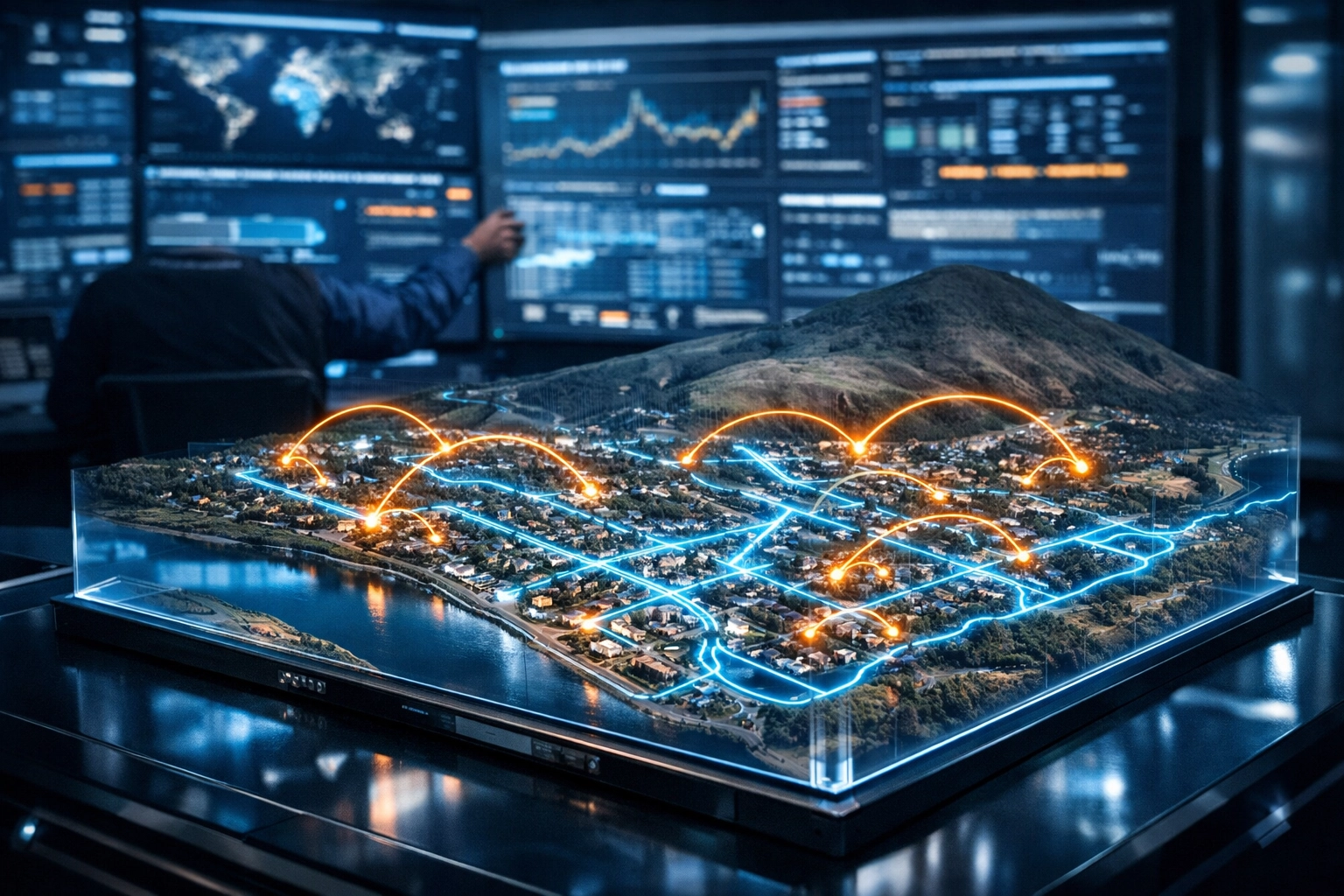 Holographic network digital twin showing fiber optic and wireless internet routes in Clarkston, WA.