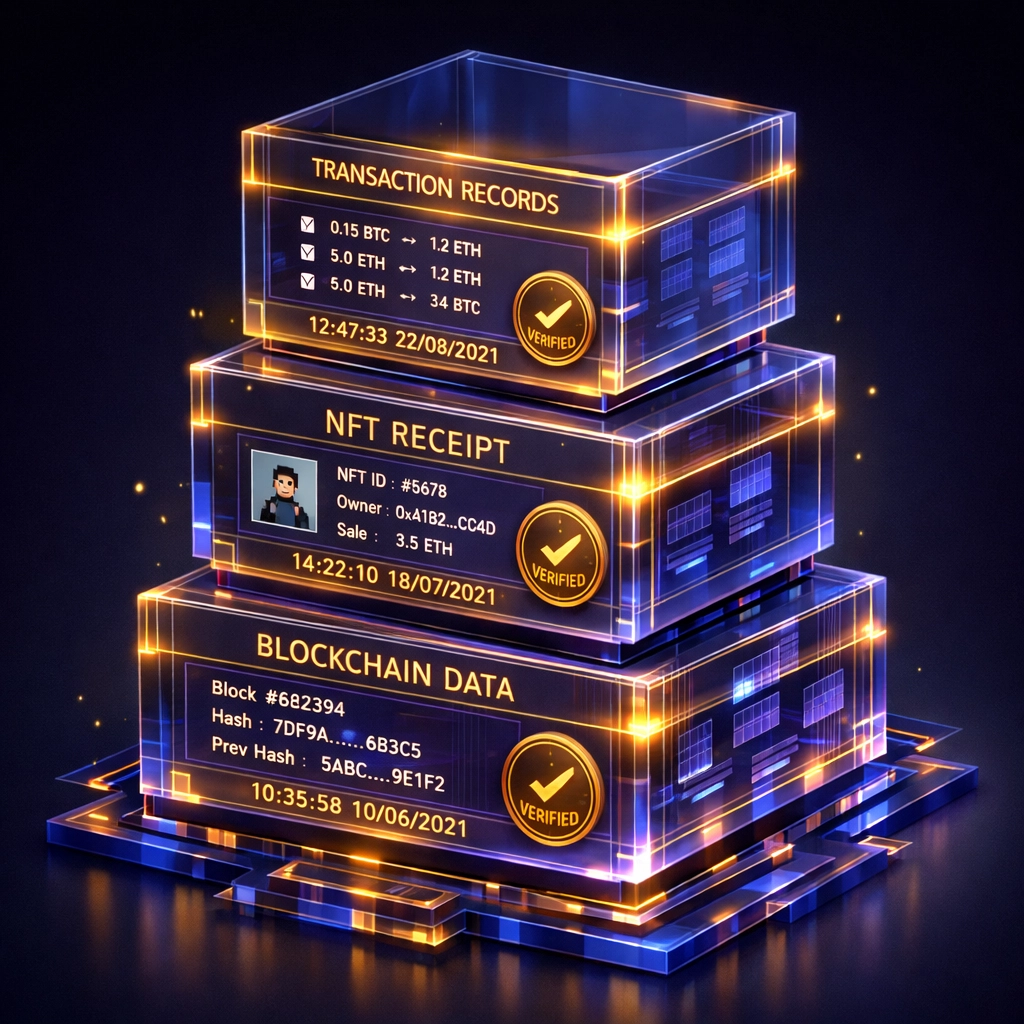 Blockchain transaction records and NFT receipts organized for permanent compliance documentation