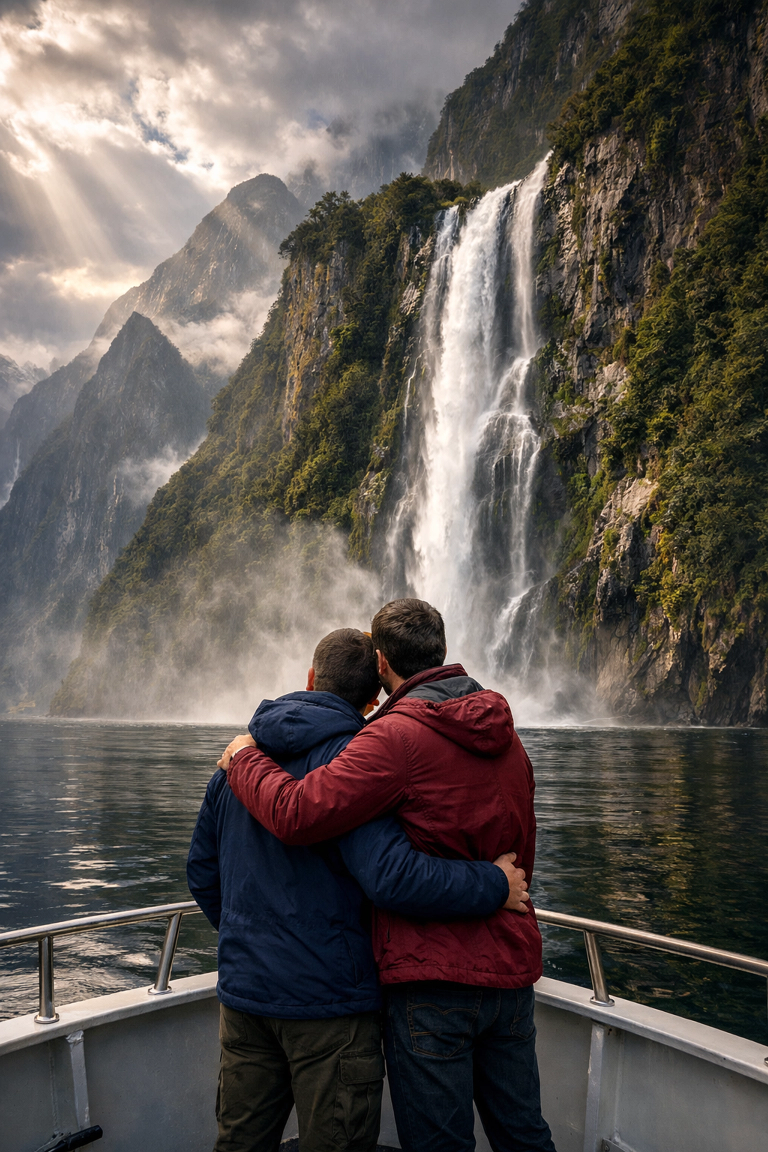 Gay newlyweds embracing on boat cruise at Milford Sound waterfall in Fiordland New Zealand