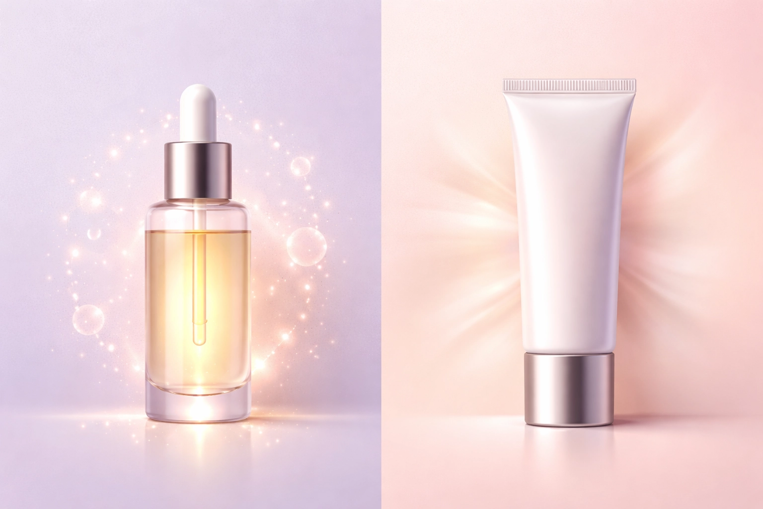 Illustration comparing copper peptide firming serum and blurring primer for skincare routines