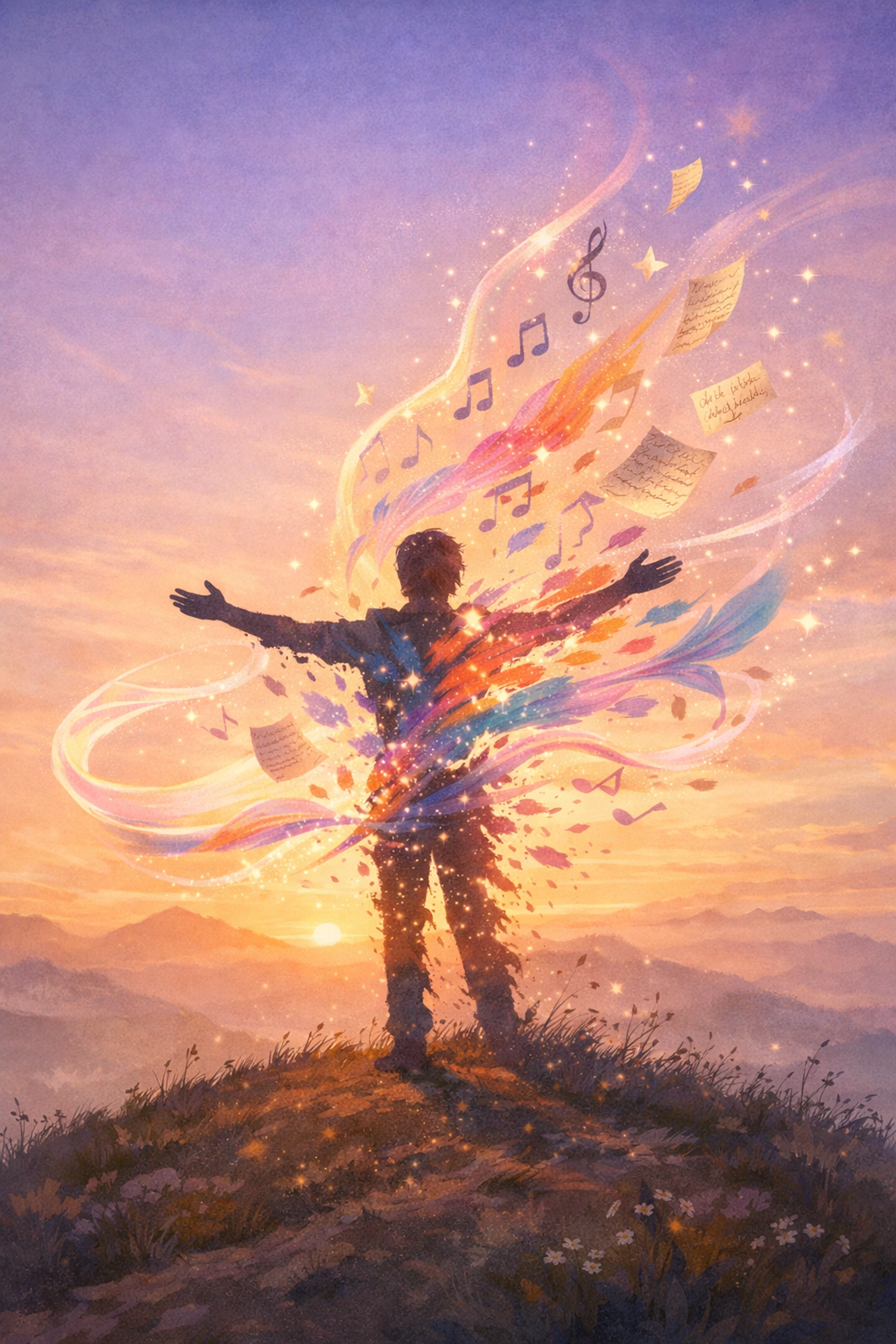 Person embracing creative freedom with artistic elements flowing from their silhouette at dawn