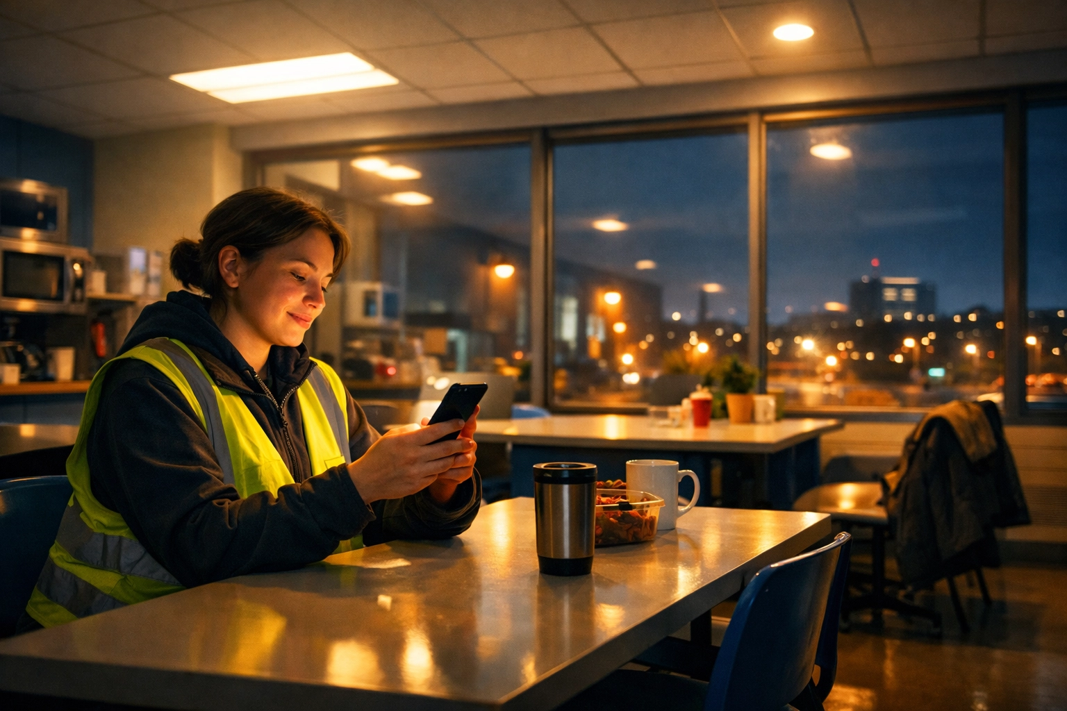A night shift worker connecting to online church via smartphone, showing unlimited access to community.