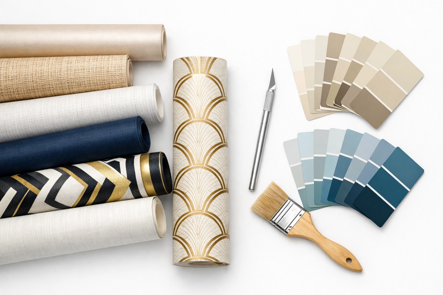 Modern wallpaper rolls and paint swatches for a professional home renovation project in Gloucestershire.