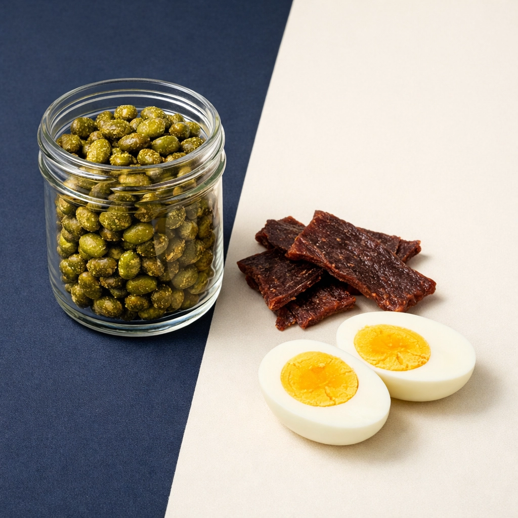 High-protein snacks for work including beef jerky, edamame, and hard-boiled eggs for sustained energy.