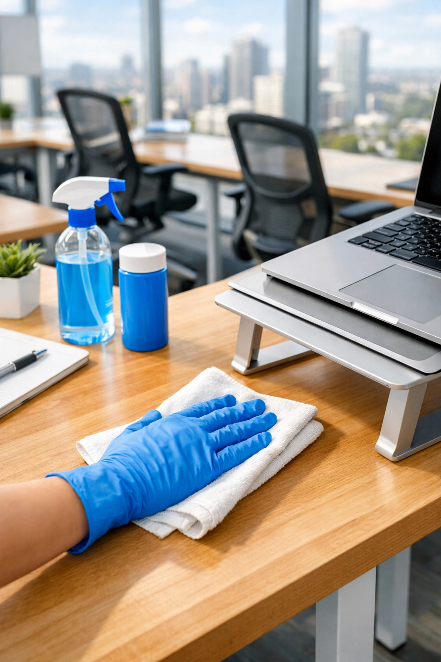 Professional cleaning of a modern wooden hot desk in a coworking space to ensure a germ-free workspace.