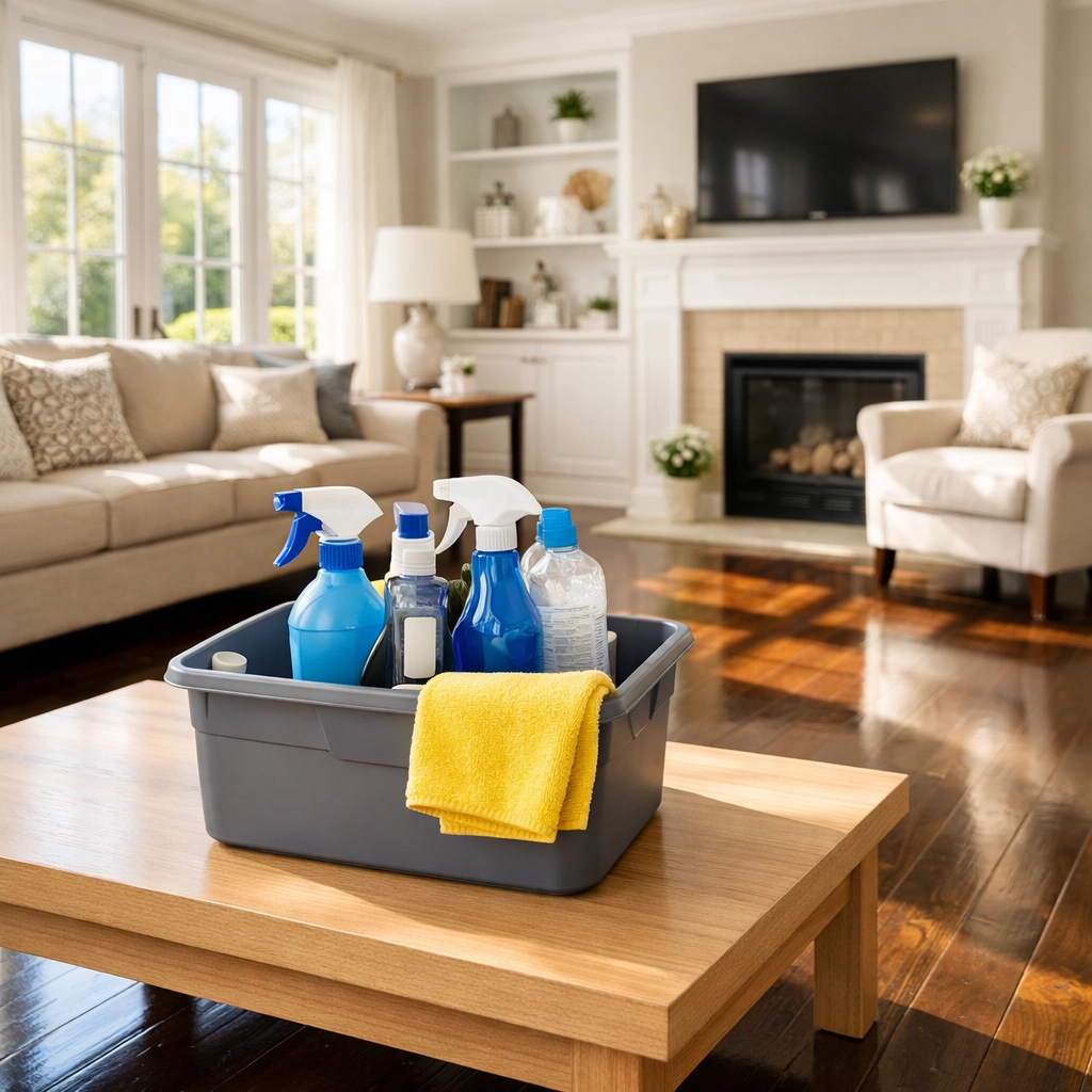 Professional house cleaning caddy in a sunlit Leominster MA living room with clean hardwood floors.