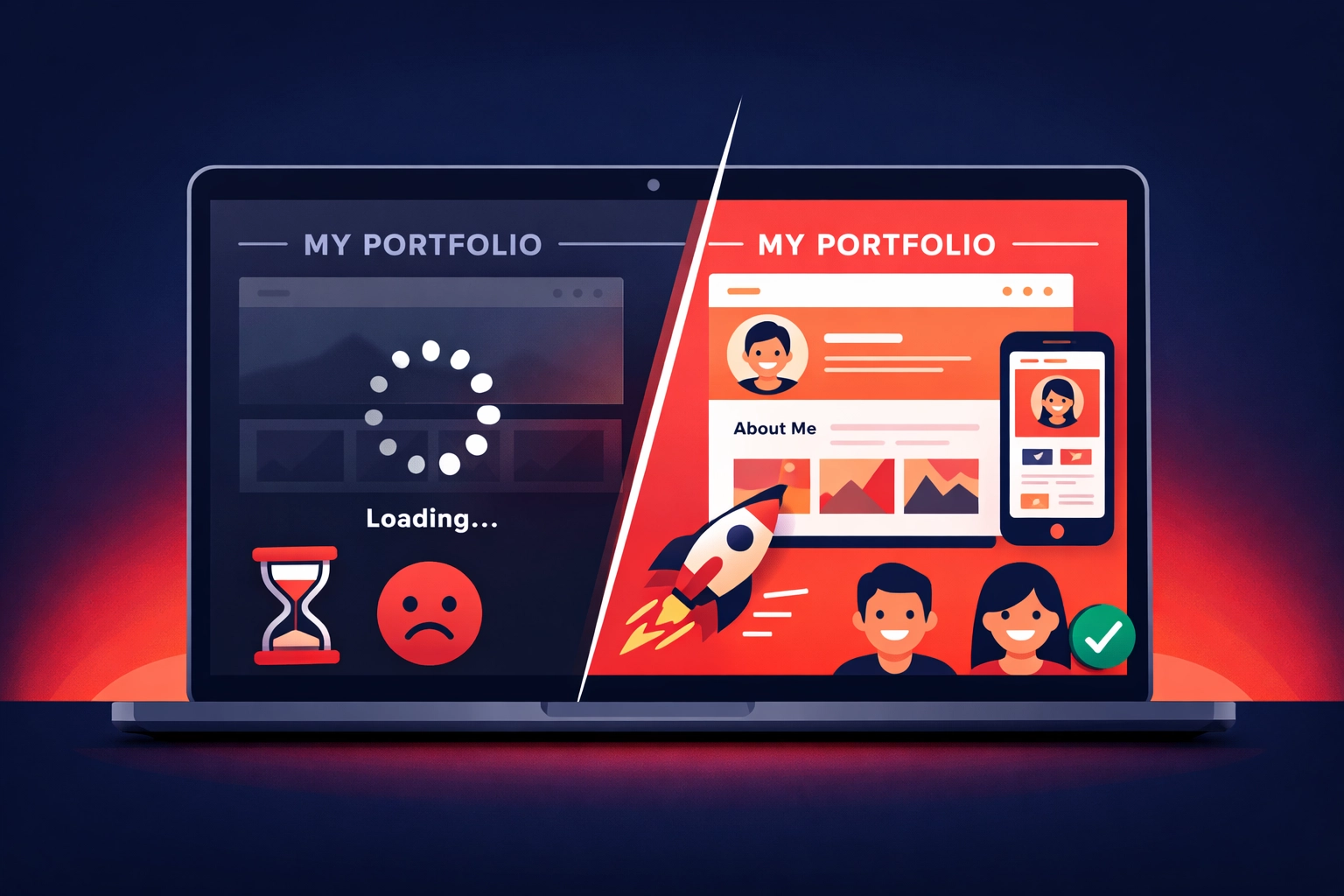 Comparison of fast mobile-friendly website versus slow-loading site in web designer portfolio