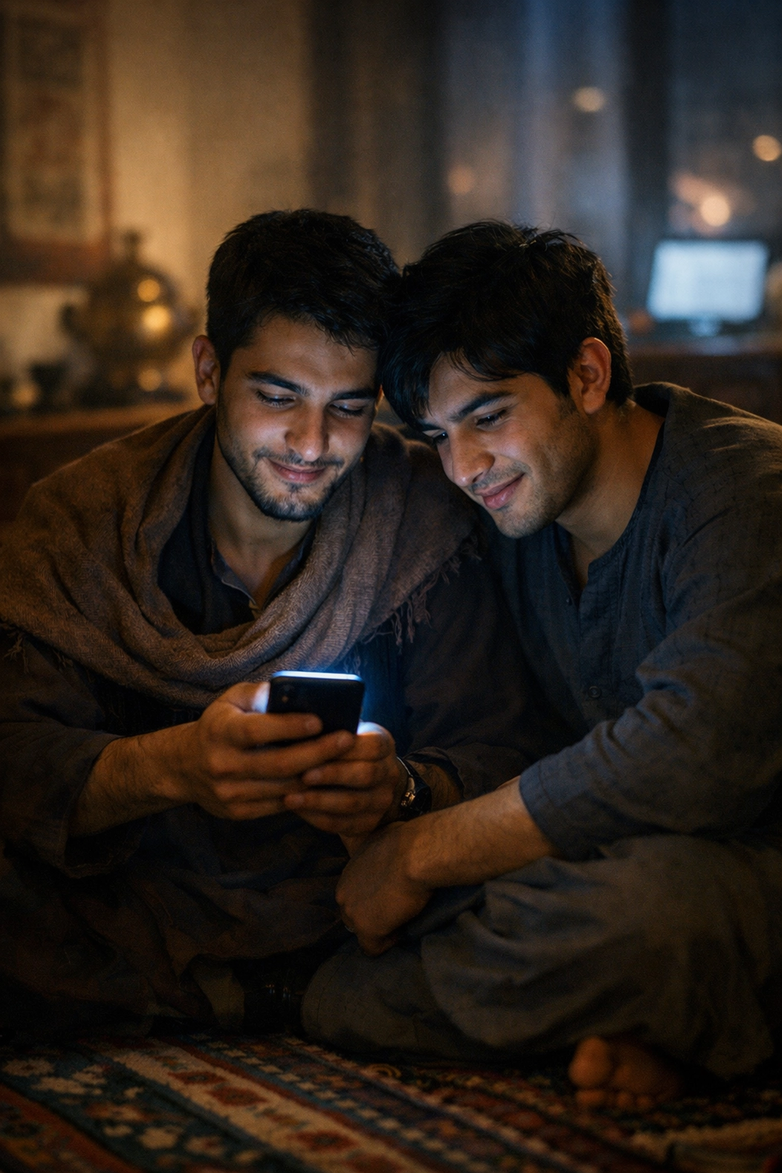 Two young gay Afghan men looking at a smartphone screen, illustrating the digital queer experience in Kabul.