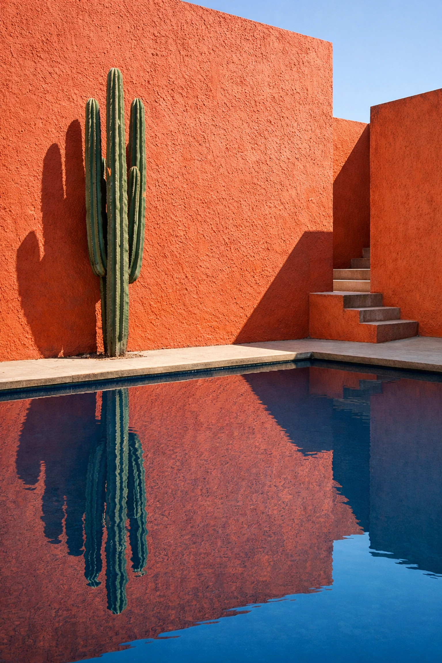 Minimalist Mexican architecture featuring a terracotta wall and reflecting pool inspired by Luis Barragán.