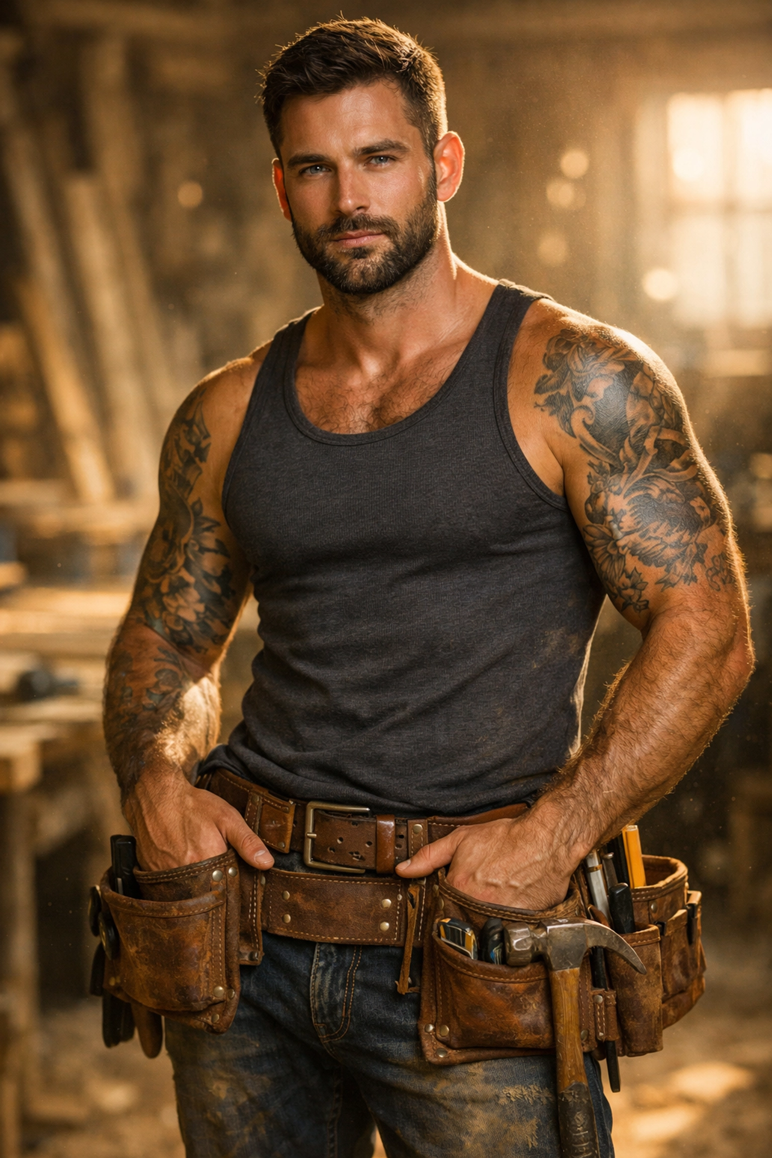 Rugged handyman in a workshop, embodying a reliable MM romance hero archetype.