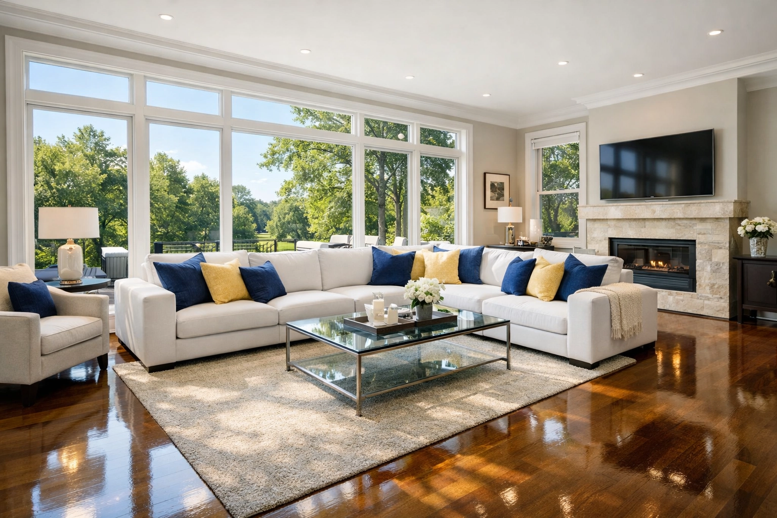 Sun-drenched modern living room with polished hardwood floors after professional House Cleaning Braintree MA.