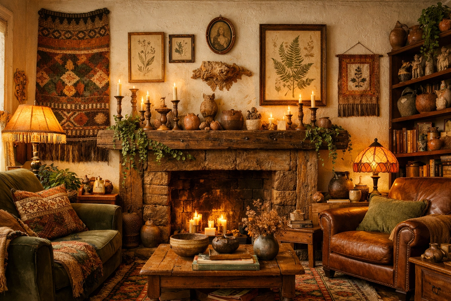 Thoughtful maximalist living room featuring curated home decor, artisan textiles, and a rustic wood mantle.