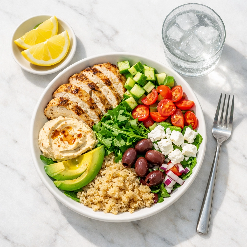 Healthy Mediterranean meal and water supporting metabolic health during weight loss treatment.
