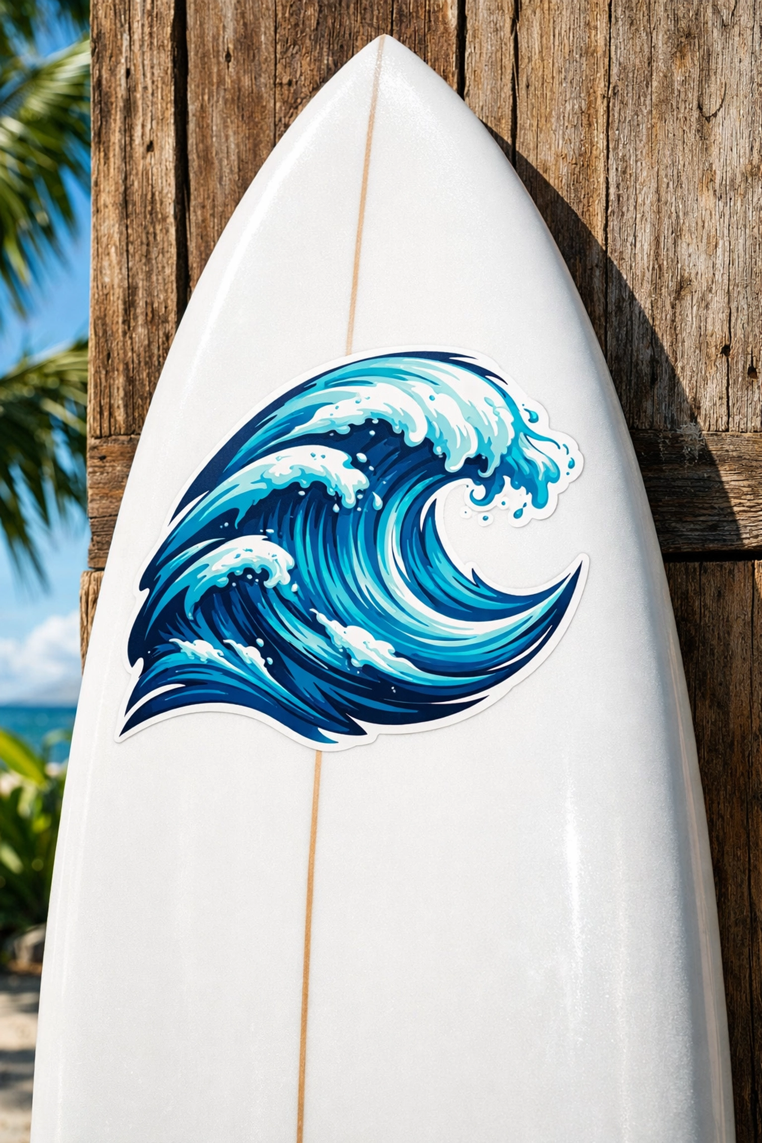 Durable custom surfboard decal with a blue wave design made for the Hawaii sun and surf.