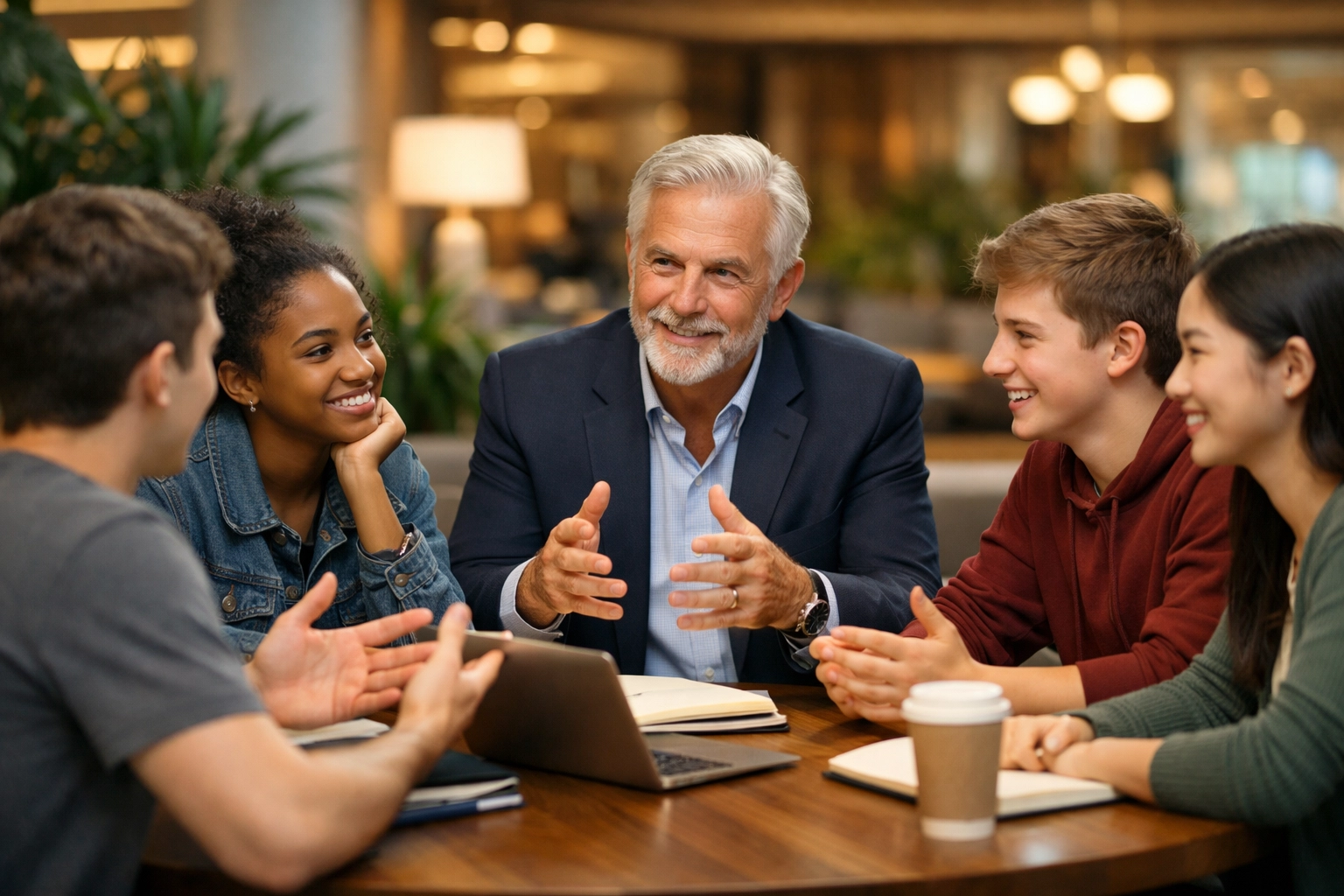 Corporate executive mentoring high school students in a modern office for future tech careers.