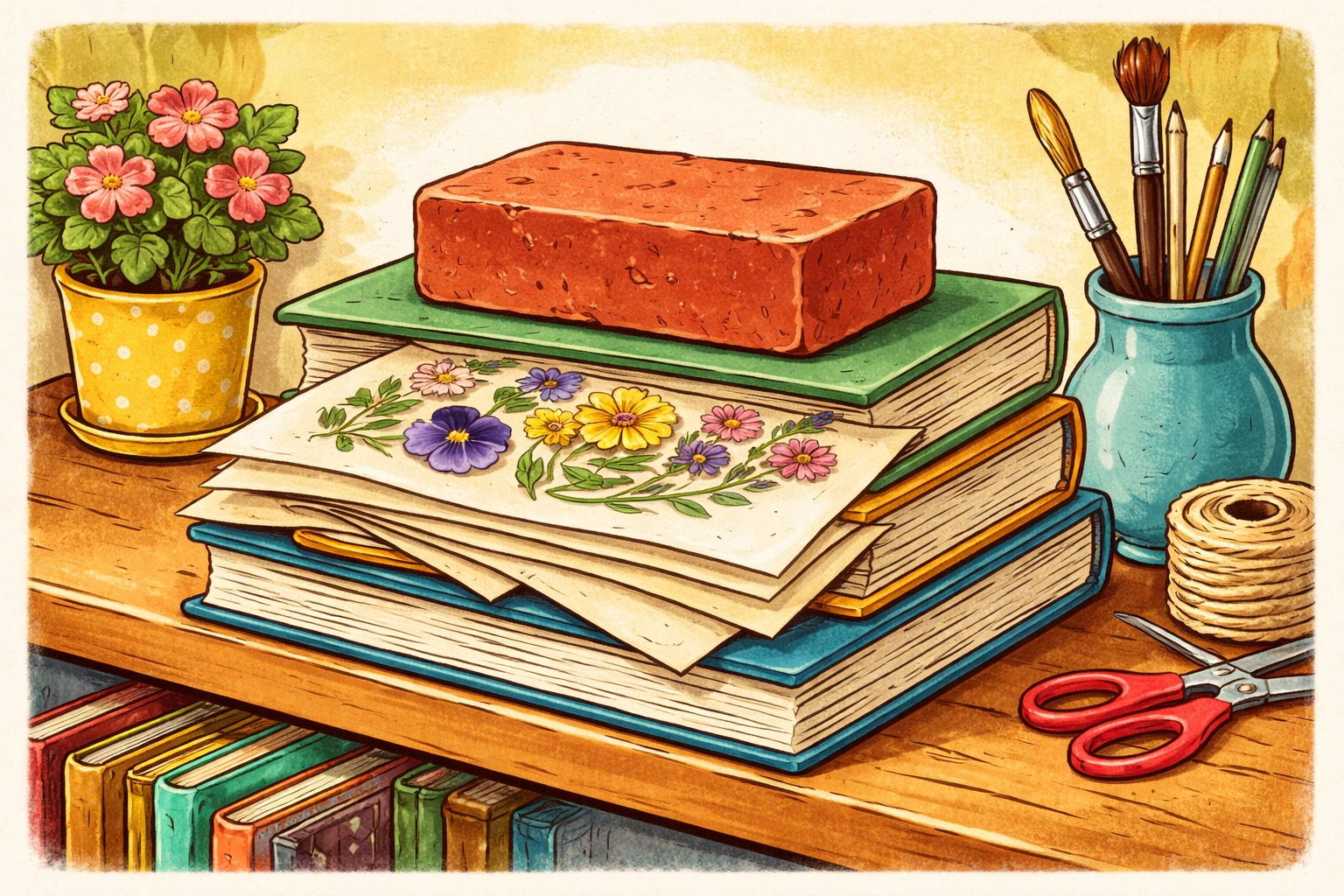 Stack of vintage books and a brick pressing flowers on a shelf, teaching kids nature art and patience