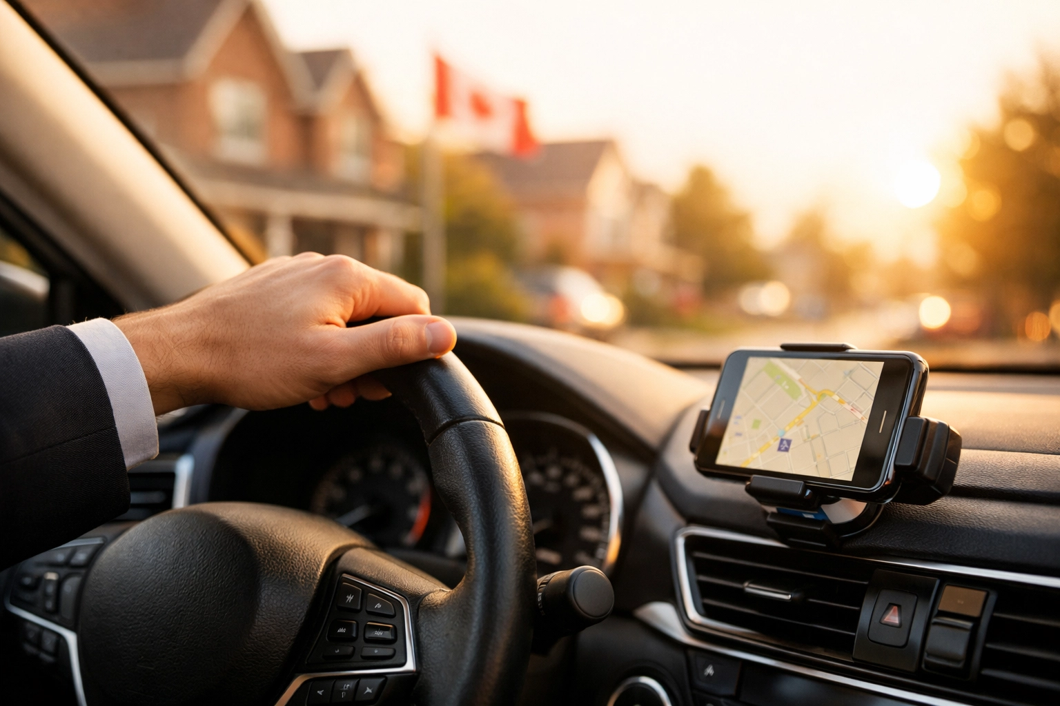 Conducteur utilisant son téléphone pour obtenir un crédit rapide d'urgence sur la route au Canada.
