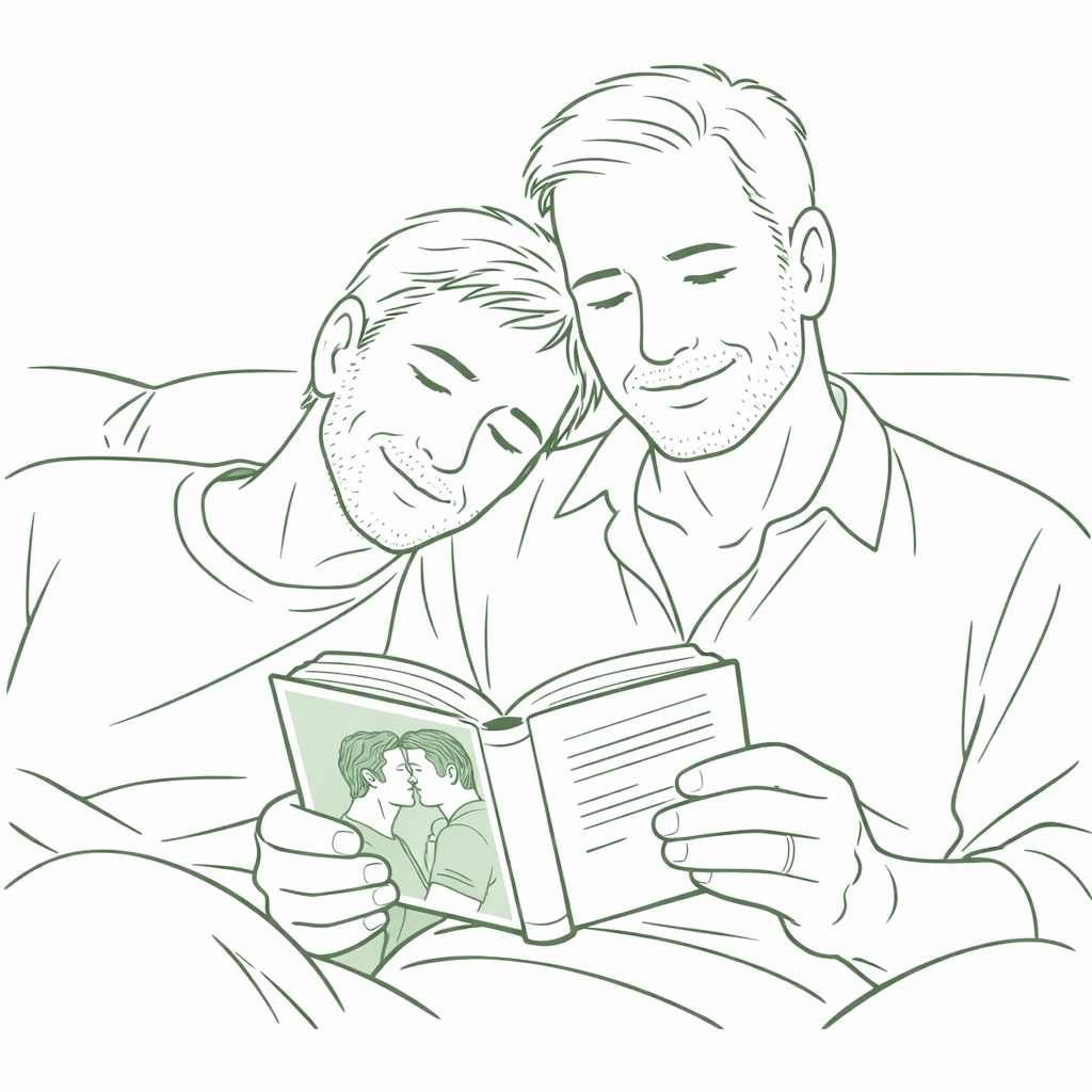 Two men sharing a moment while reading MM romance books, illustrating representation in queer fiction.