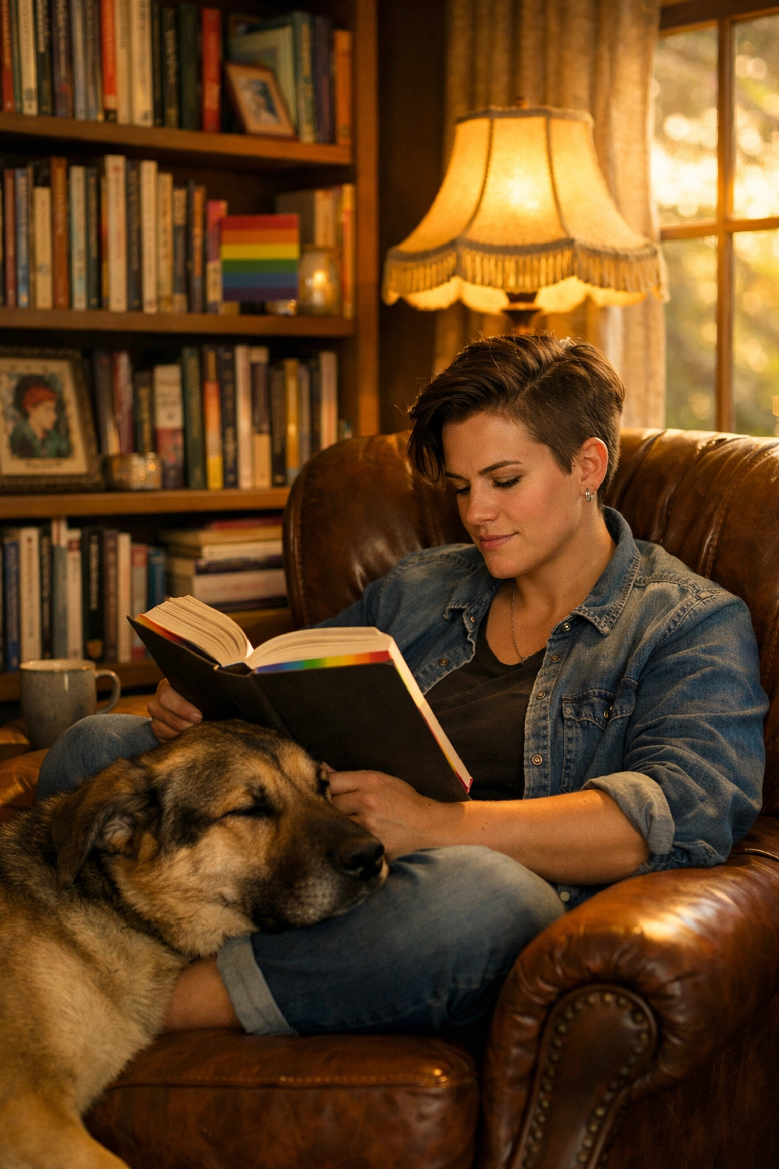 A lesbian reader relaxes in a cozy study with a queer book and her dog, enjoying a peaceful childfree lifestyle.