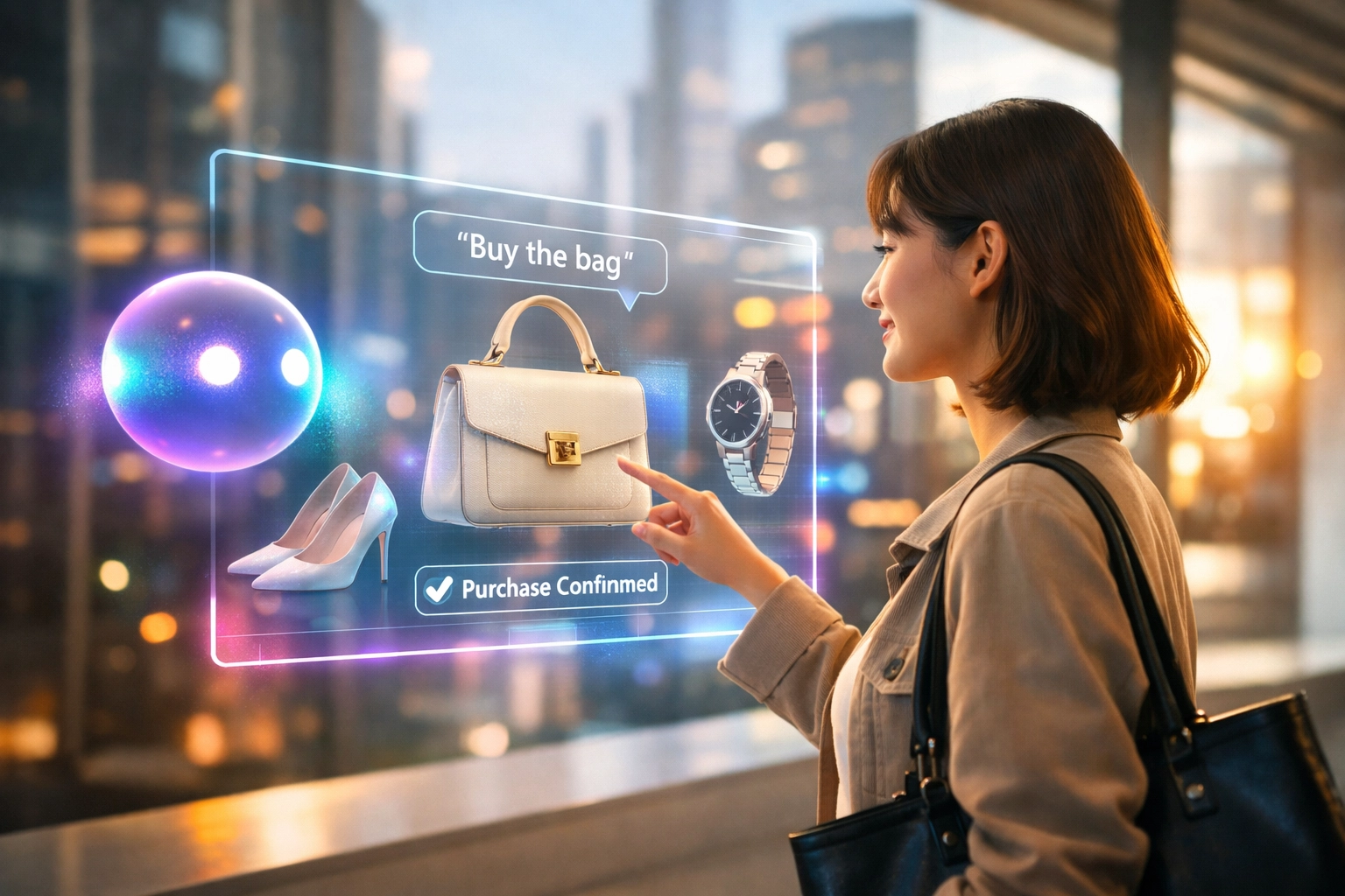 A consumer using a Larecoin AI assistant to shop for products in a futuristic metaverse marketplace.