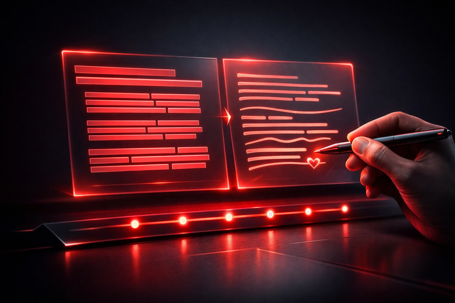 Digital marketing workflow showing a hand humanizing AI-generated content for better empathy.