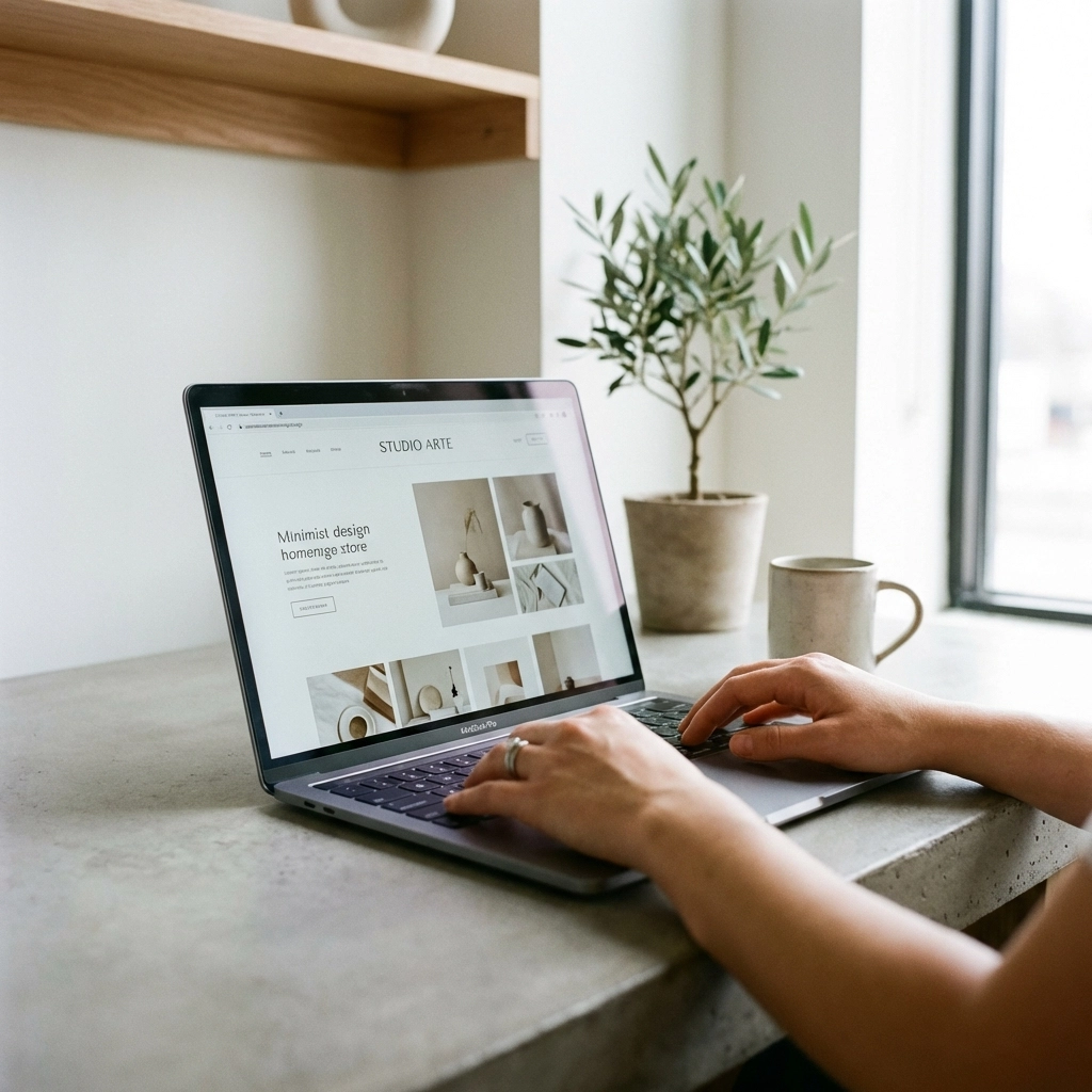 Designer working on a homepage mockup, demonstrating website content and user experience development.