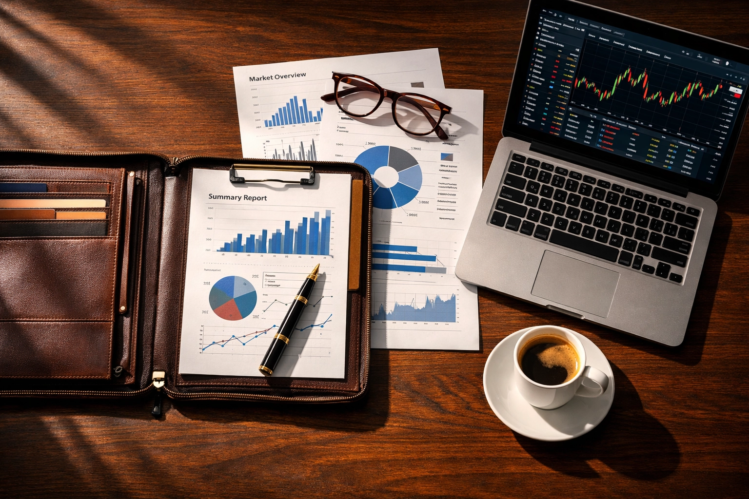 Accredited investor workspace with portfolio analysis and investment planning documents