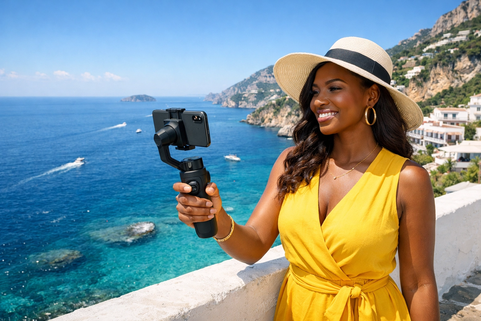 Luxury travel agent filming social media content for travel marketing success in the Mediterranean.