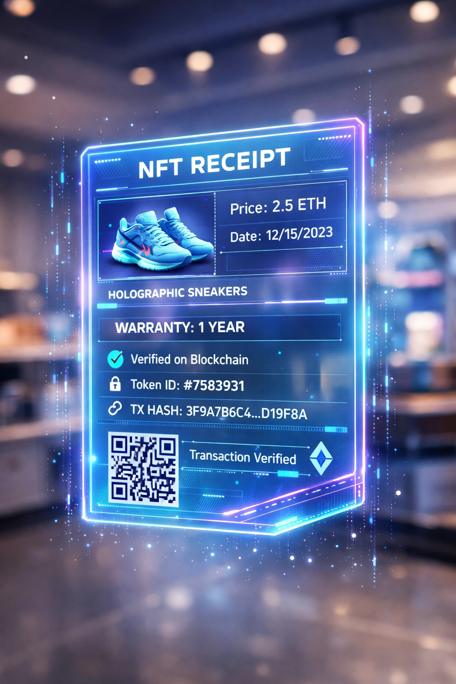 Blockchain NFT receipt with verification symbols for secure merchant transactions