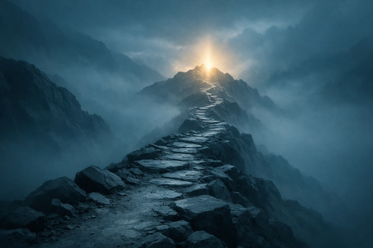 A rugged mountain path at dawn symbolizing the long journey of faith and endurance.
