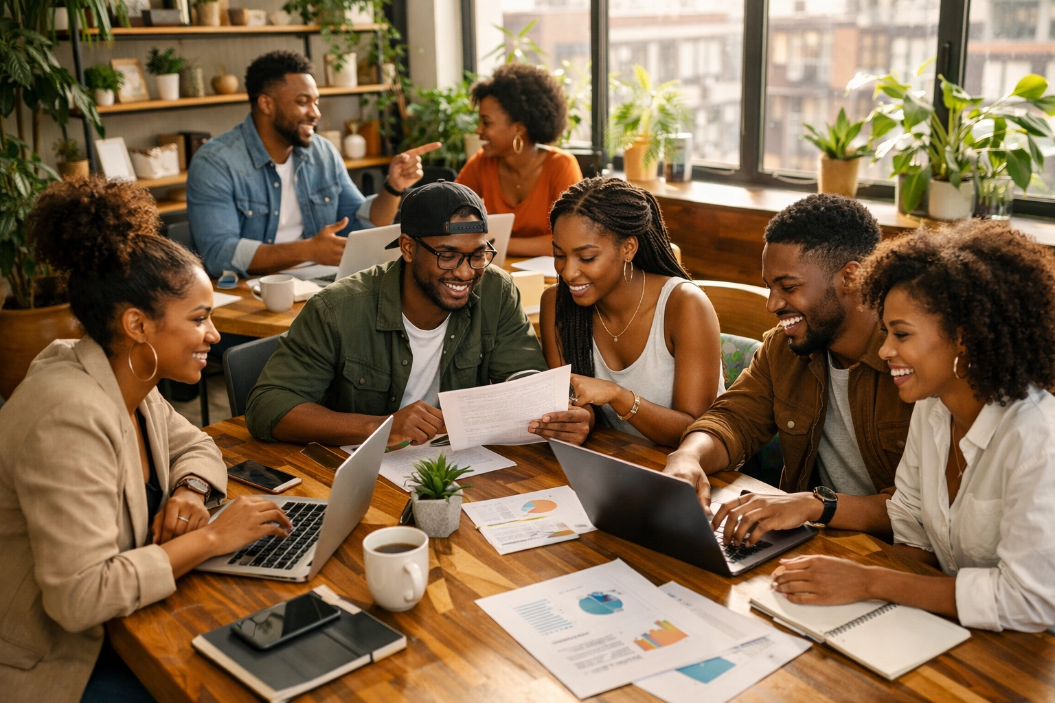 Black entrepreneurs and professionals collaborating in modern co-working space