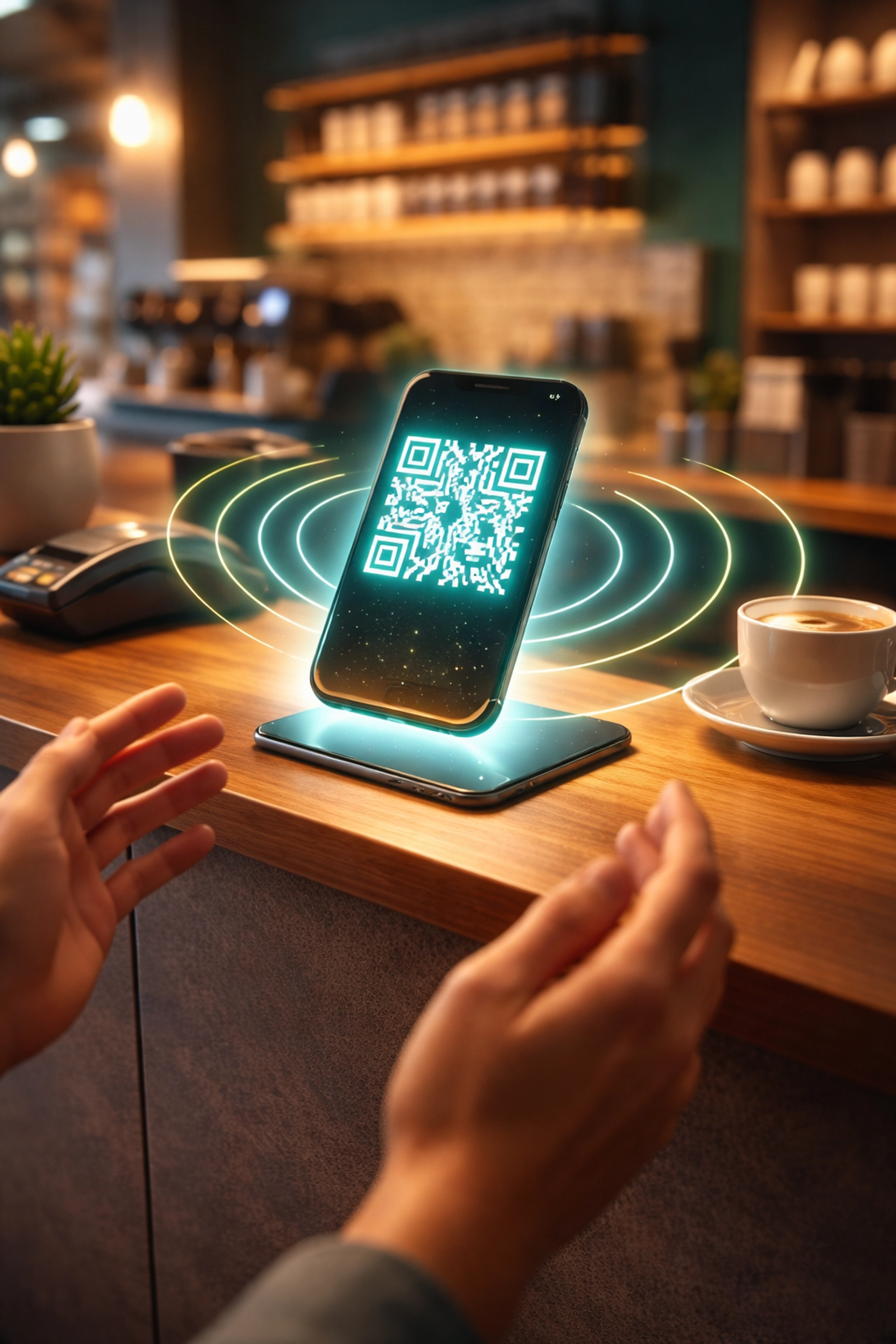 Customer scans QR code with smartphone at a coffee shop checkout, showcasing Larecoin crypto POS for small businesses