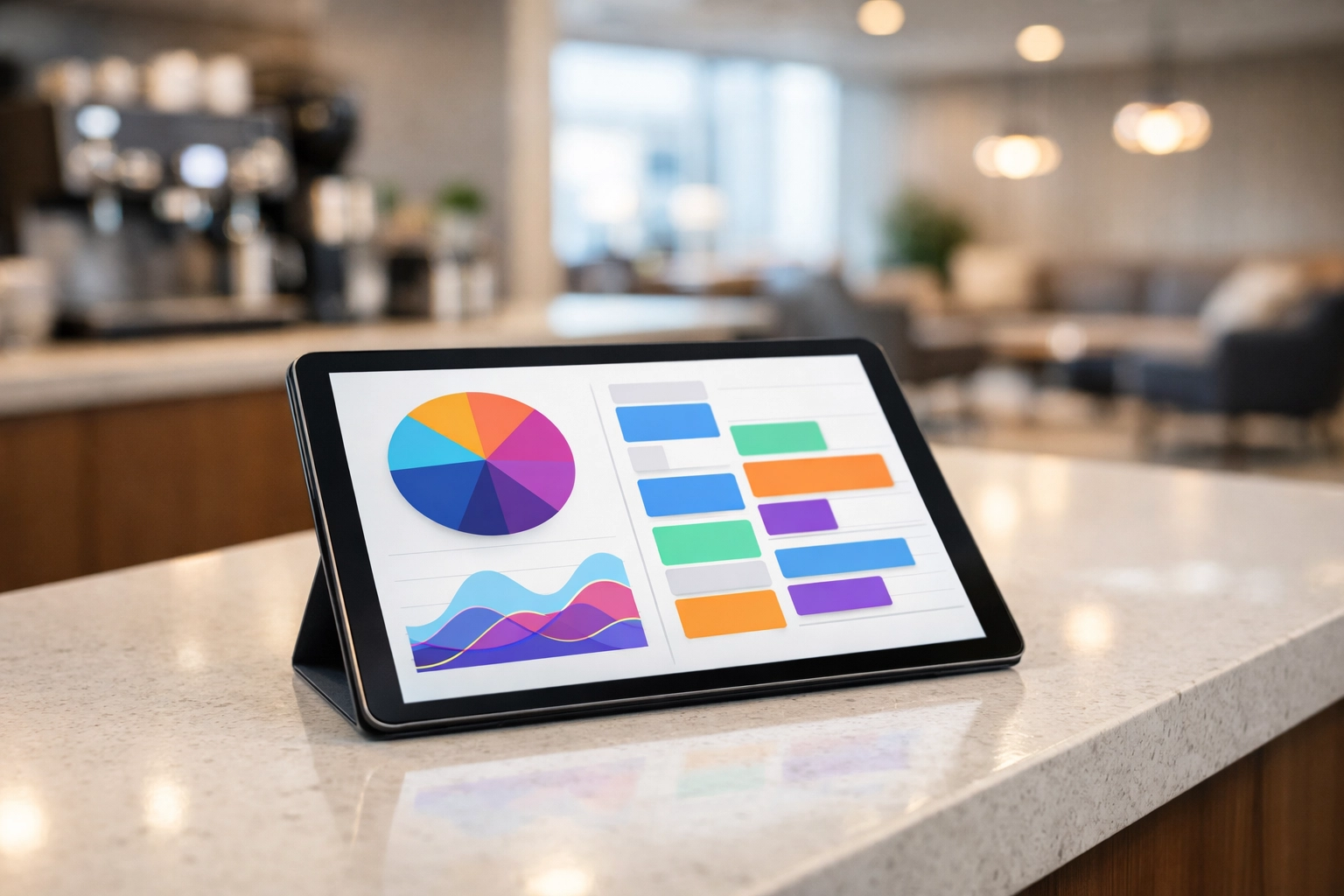 Digital tablet displaying office cleaning schedules in a clean corporate breakroom.