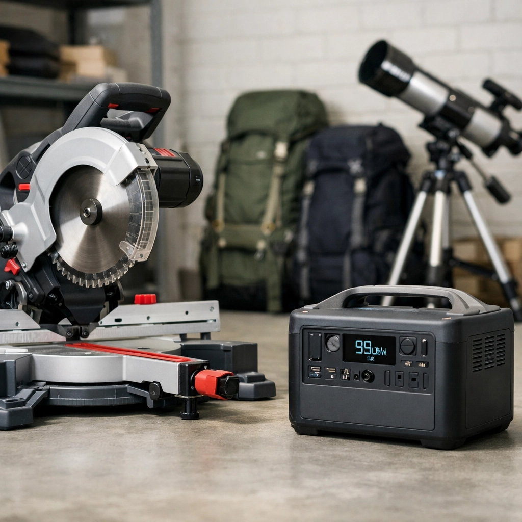 Premium tools and camping gear organized for tech-driven peer-to-peer renting in a local hub.