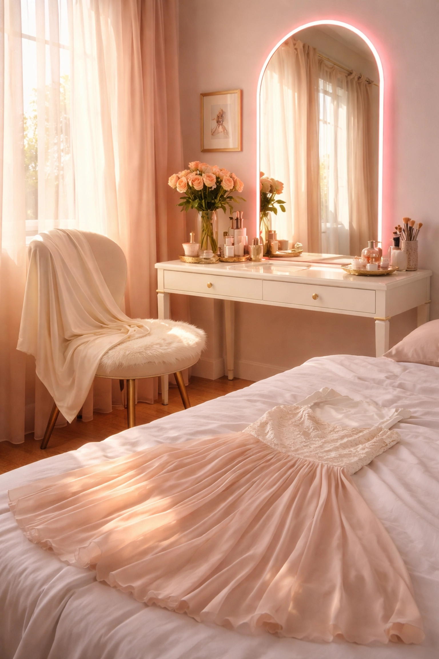 Cozy bedroom vanity with feminine clothing and mirror, perfect for crossdressers exploring their identity