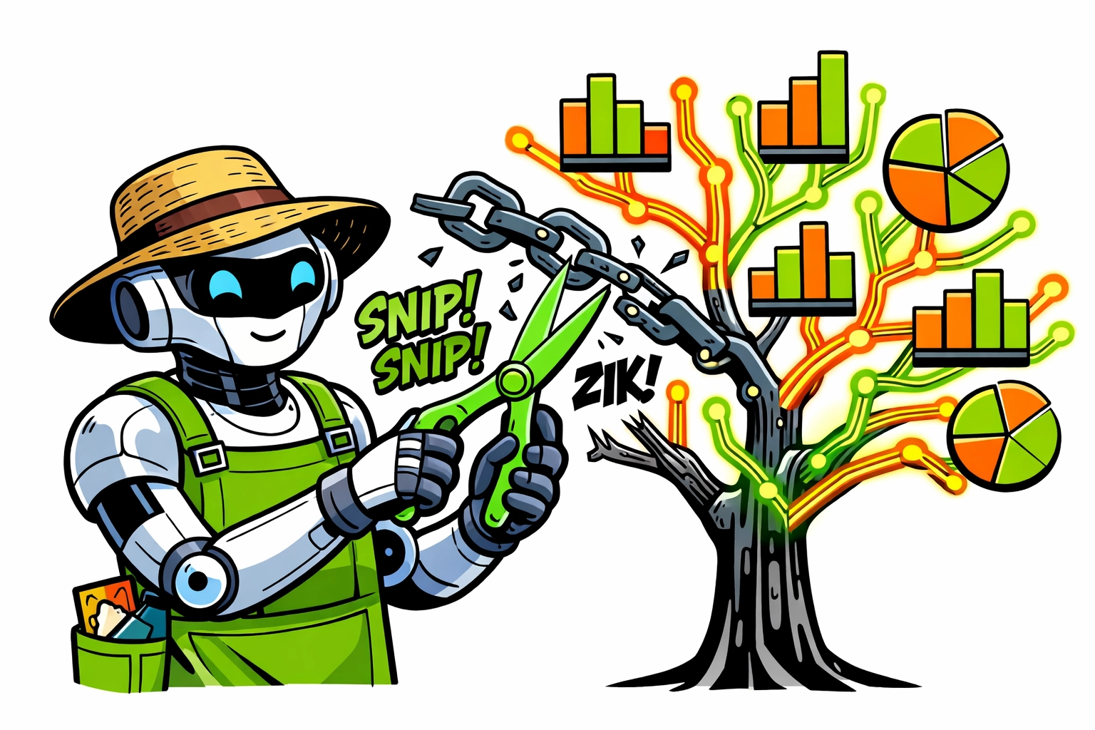 Robot gardener pruning a digital data tree to represent AI-powered SEO and website automation.