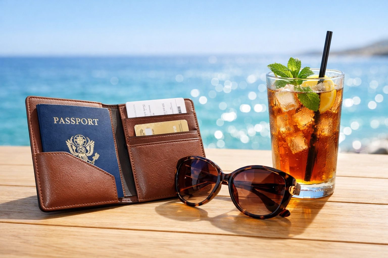 Luxury travel setup with a passport and sunglasses overlooking turquoise waters of a dream holiday destination.