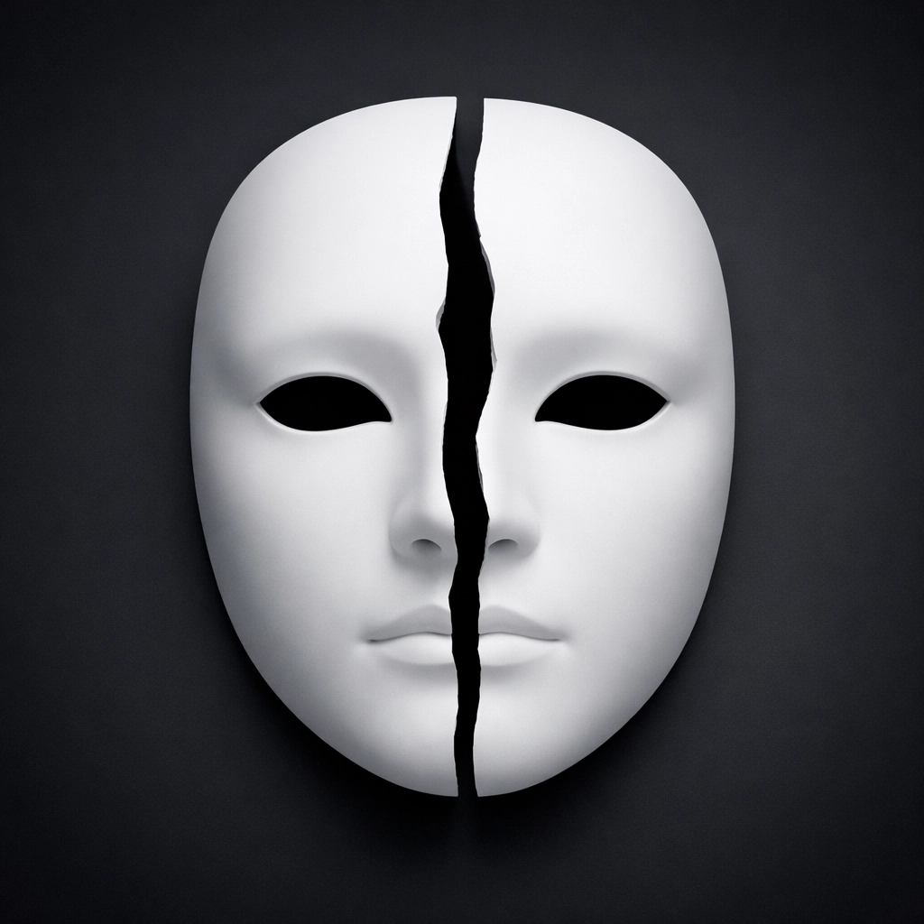 A broken white mask on a dark background representing a fractured career identity and the loss of a performance mask.
