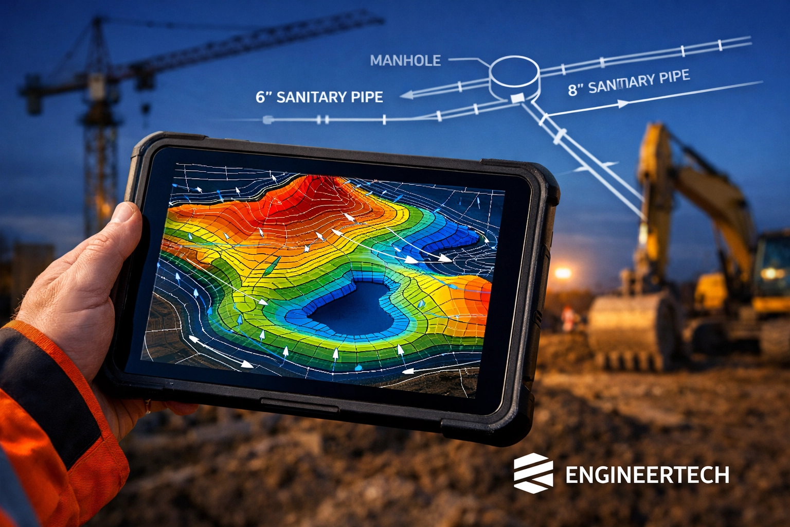 Engineering tablet displaying site grading and stormwater management data at an Ontario construction site.