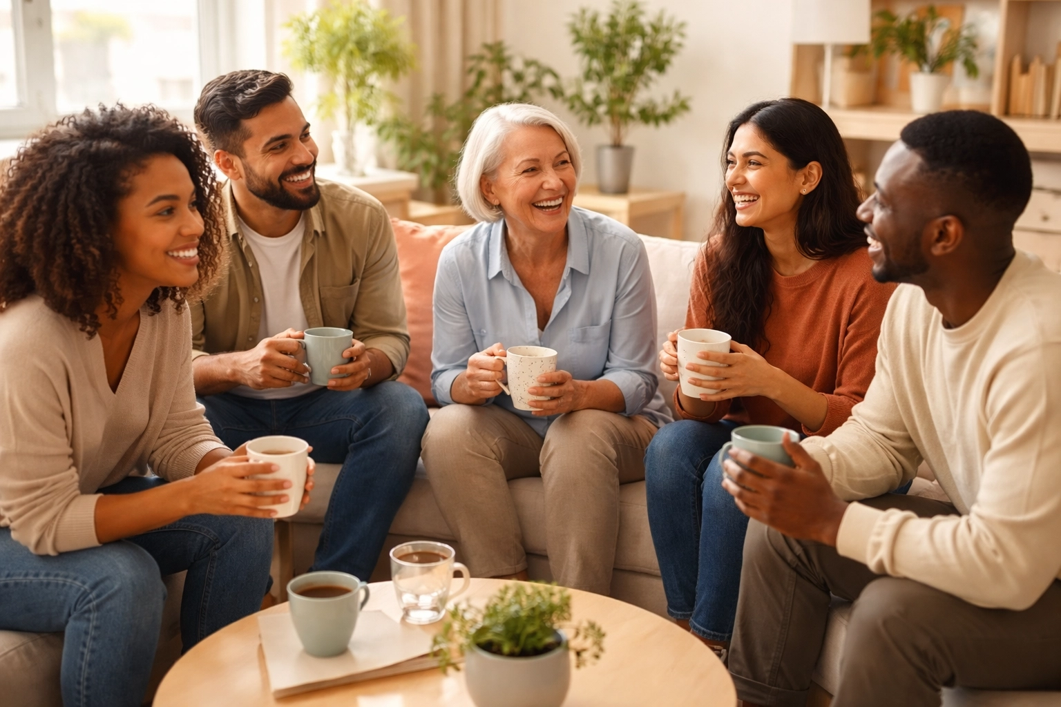 Diverse group chatting in a cozy lounge, capturing White Brick Therapy's warm and inclusive environment.