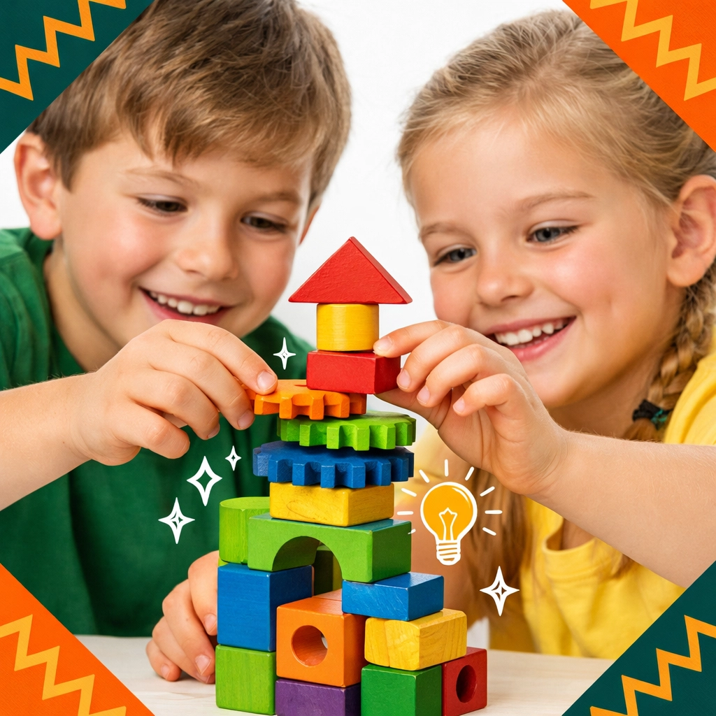 Children building with blocks and gears to develop hands-on life skills and creative focus.
